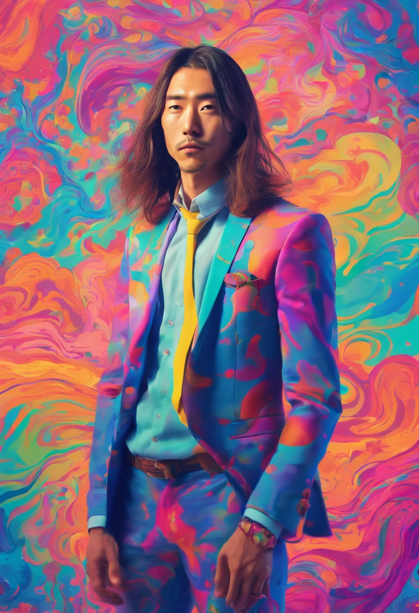 (Young Japan marketer man with long hair in suit, clean-shaven, Artistic portrait, Vibrant colors, Sharp focus on detail, 8K resolution, Portrait photography style, Creative background, Pastel color palette, Soft lighting)