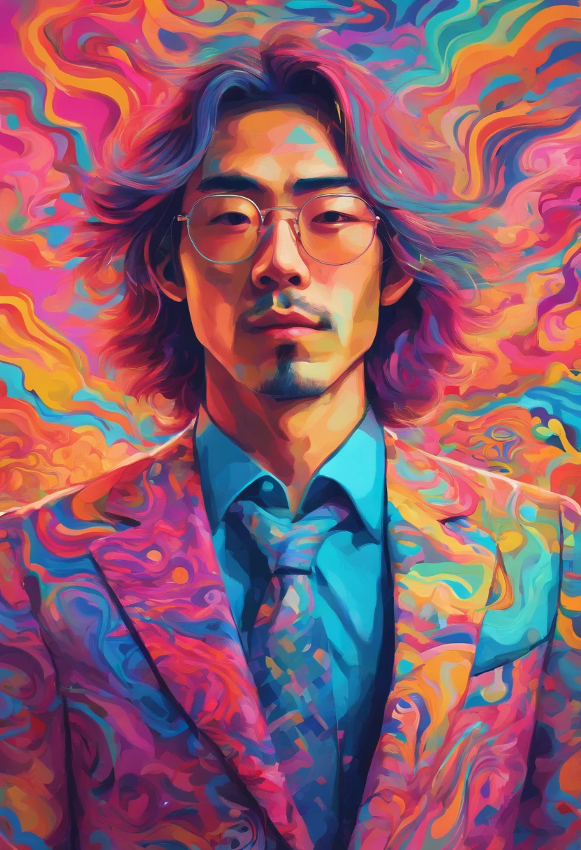 (Young Japan marketer man with long hair in suit, clean-shaven, Artistic portrait, Vibrant colors, Sharp focus on detail, 8K resolution, Portrait photography style, Creative background, Pastel color palette, Soft lighting)