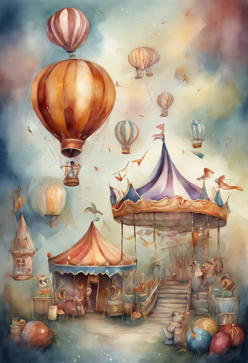 there is a picture of a carnival, ethereal and dreamy theme, dreamy and detailed, adorable and whimsical, whimsical and cute, witchlight carnival, welcome to the circus, circus background, very magical and dreamy, dreamy illustration, illustrated in whimsical style, in the white clouds fairyland, instagram story, illustartion, airy midnight theme, circus, air baloon, desaturate color