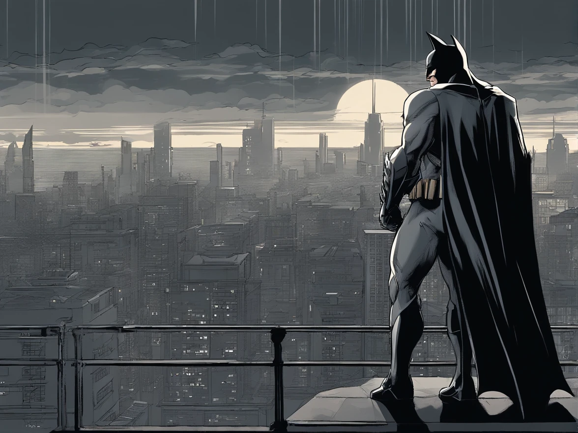hyper-detailed, cinematic illustration of Batman standing on a rain-soaked Gotham City rooftop. He's poised in a stoic and mysterious stance, his iconic cape billowing dramatically in the wind. The mood should be a blend of noir and vigilance, reminiscent of Frank Miller's "The Dark Knight Returns." Pay close attention to intricate details in Batman's suit, emphasizing texture and realism. Use a high-contrast black and white color scheme with subtle hints of moody blue. Ensure the lighting captures the interplay of shadows and highlights, enhancing the atmosphere