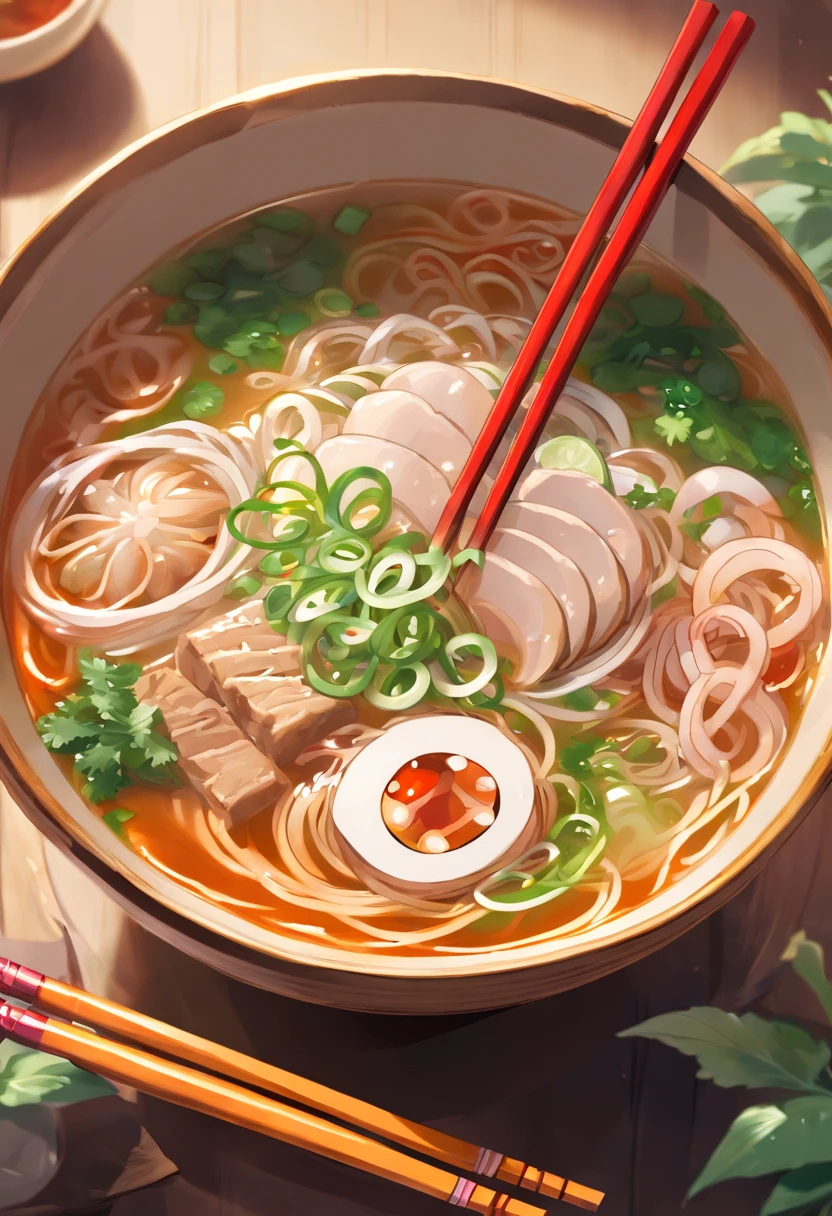 a bowl of pho soup with chopsticks and onions in it, realistic photo of delicious pho, inspired by Tan Ting-pho, phong shaded, daopao, ❤🔥🍄🌪, pot, illustration!, mapo