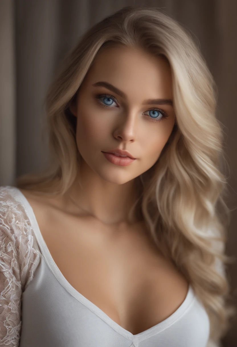 Arafed woman in full , Sexy girl with blue eyes, ultra realistis, Meticulous detail, portrait sophie mudd, blonde hair and large eyes, selfie of a young woman, bedroom eyes, violet myers, no makeup, natural makeup, looking straight at camera, face with artgram, fine makeup, Stunning full-length shot, kneeling on the bed, in bedroom, Medium to large size bust