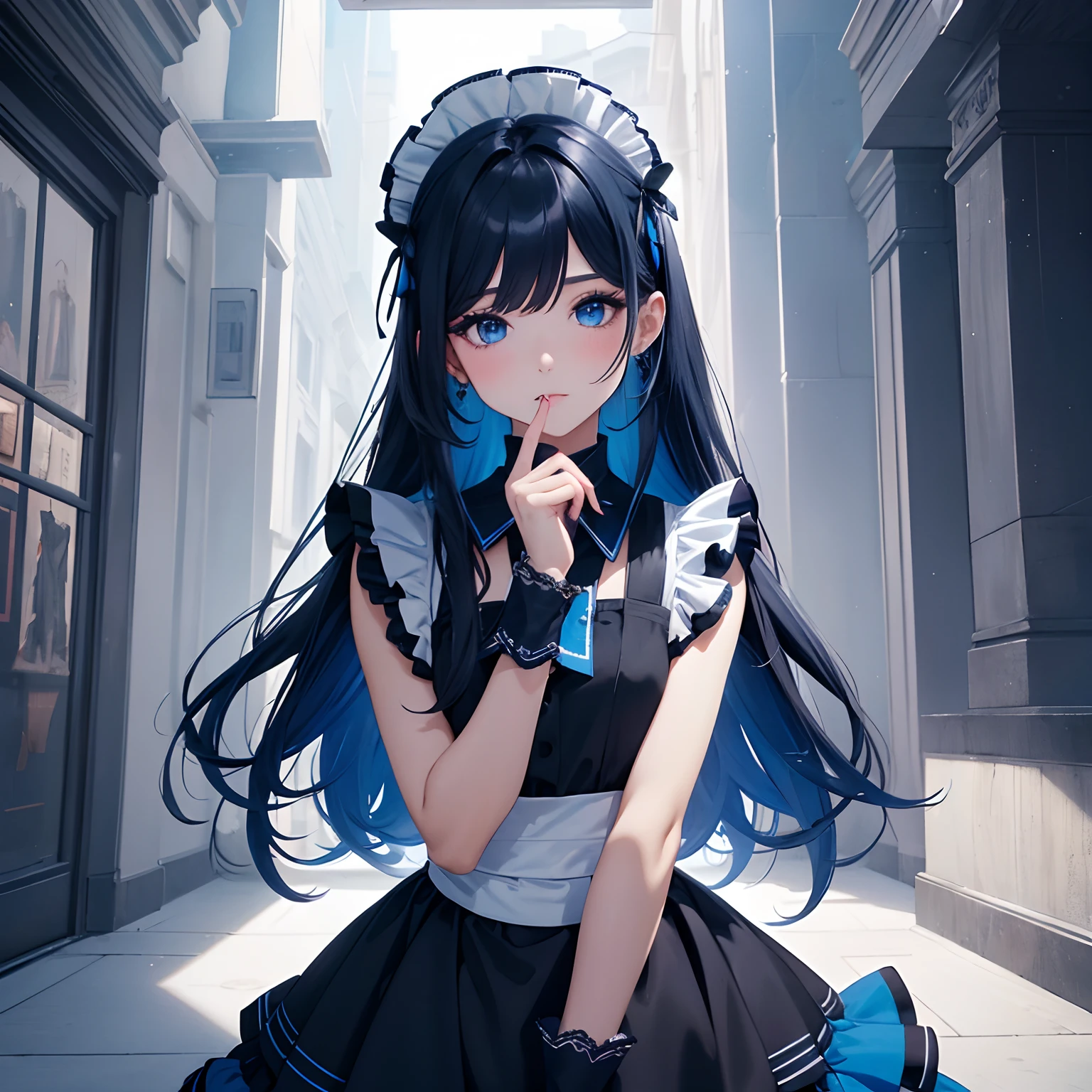 1girl, blue Gradation black, blue eyeshadow, maid dress, masterpiece, 4k