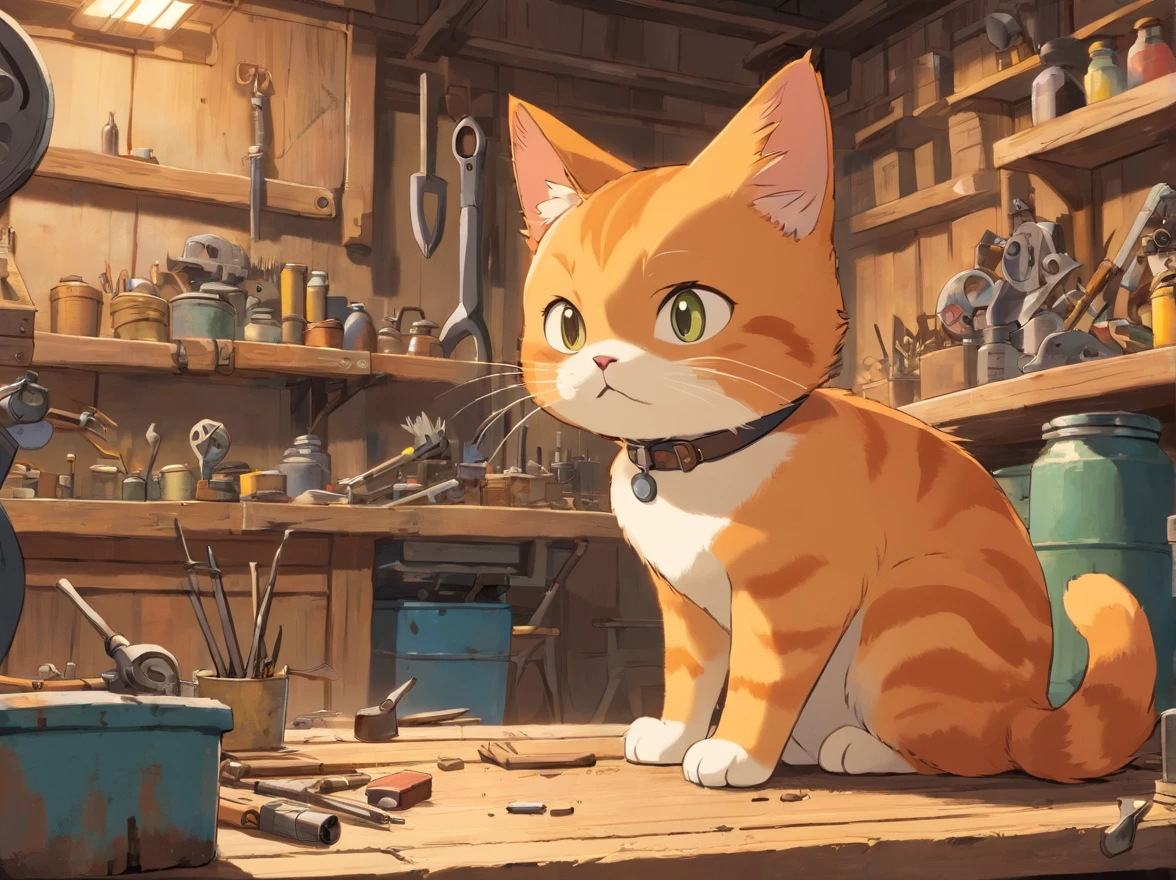 Illustrate a practical and agile orange Shorthair cat, wearing a work vest and safety helmet. The cat is situated in a workshop on the outskirts of the city, surrounded by various mechanical tools, such as wrenches, screwdrivers, and spare tires. In its vicinity, several motorcycles and cars under repair are visible. The background depicts a busy yet well-organized workshop. Ensure the image portrays the ISTP personality traits of being challenge-loving, adaptive, and independent. Focus on the details of the tools, the cat's expression showing concentration, and the lively ambiance of the workshop