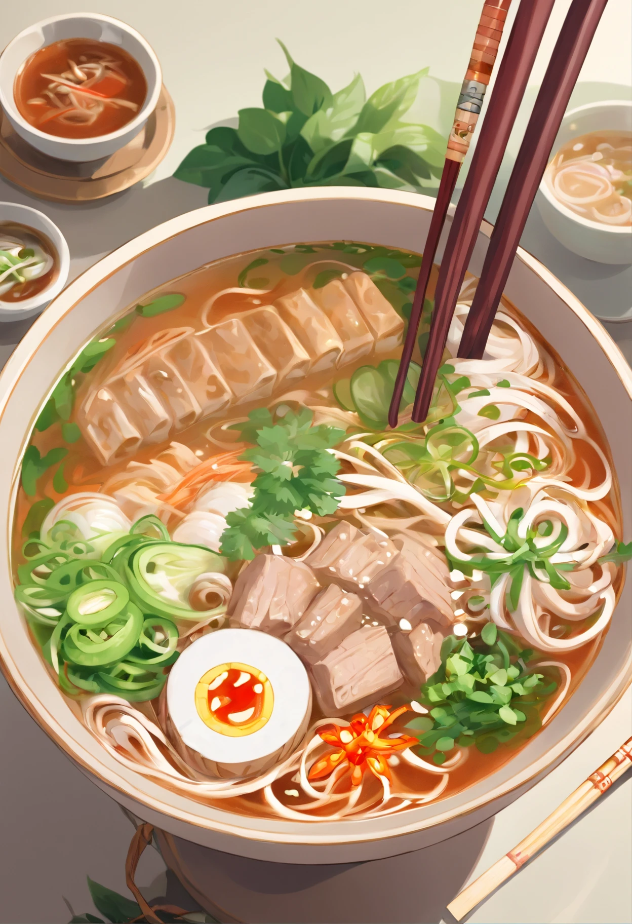 a bowl of pho soup with chopsticks and onions in it, realistic photo of delicious pho, inspired by Tan Ting-pho, phong shaded, daopao, ❤🔥🍄🌪, pot, illustration!, mapo