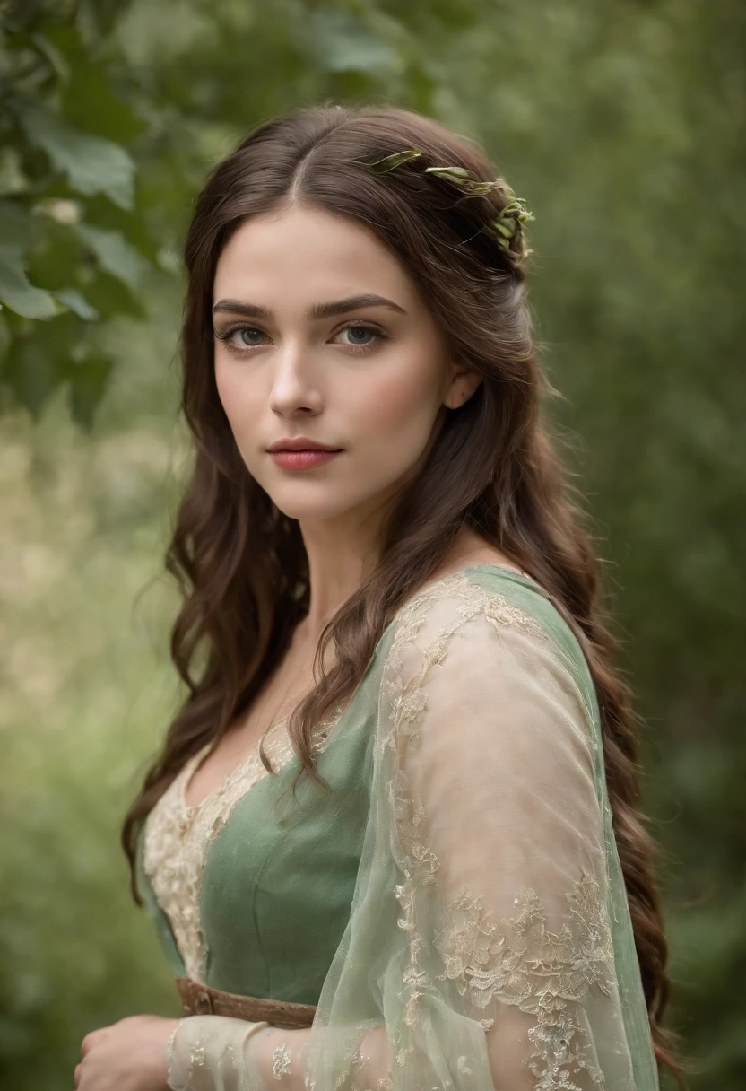 tez clara, Female around 19 years old, cabello blanco natural, con vestido escotado, Ojos verdes distintivos, Usando Kohl, Delgado y elegante, Beautiful, Luz de velas en un entorno medieval, Ultra Sharp Focus, Toma realista, Ropa femenina medieval, Tetradic colors,desnudo ,