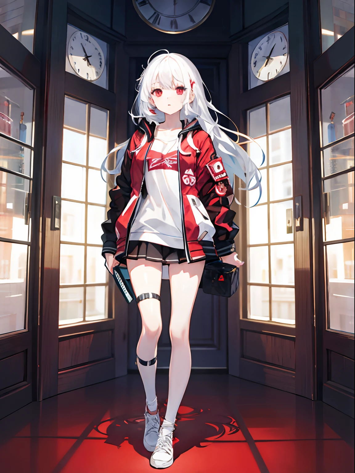 1girl, half red half white hair, straight hair, clock, bomber, full body, manga