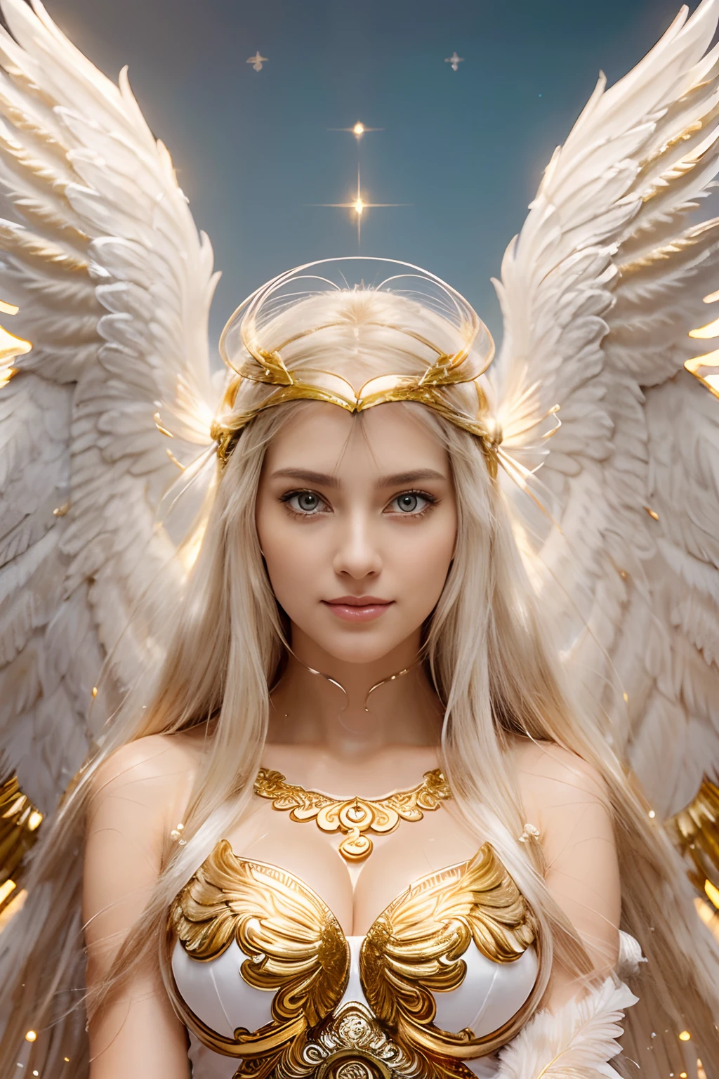 Angewomon,1girl,beautiful detailed eyes,beautiful detailed lips,extremely detailed eyes and face,longeyelashes,soft and glowing skin,serene expression, radiant smile, flowing golden hair, white feathered wings, shining halo,heavenly aura, ethereal beauty,gold and white attire,ornate and intricate design,celestial atmosphere,sacred background,divine light,angelic presence