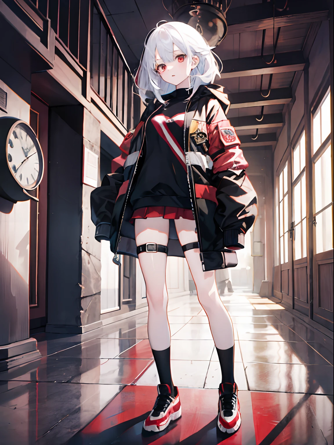 1girl, half red half white hair, straight hair, clock, bomber, full body, manga