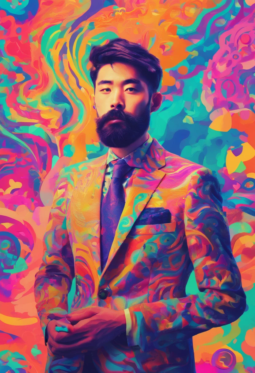 (Young Japan 20s marketer man in suit, Beard shaved, I have a computer、Artistic portrait, Vibrant colors, Sharp focus on detail, 8K resolution, Portrait photography style, Creative background, Pastel color palette, Soft lighting)
