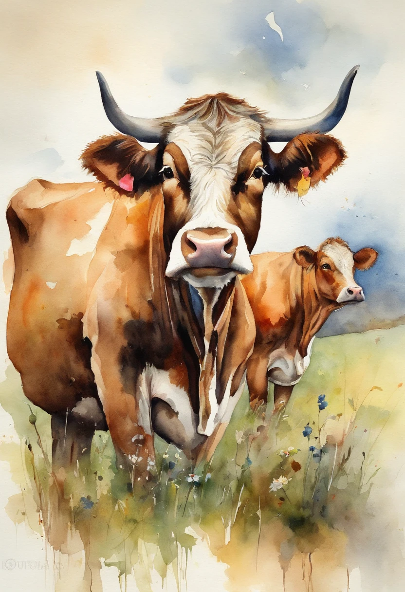 Vintage Watercolor cow in a meadow