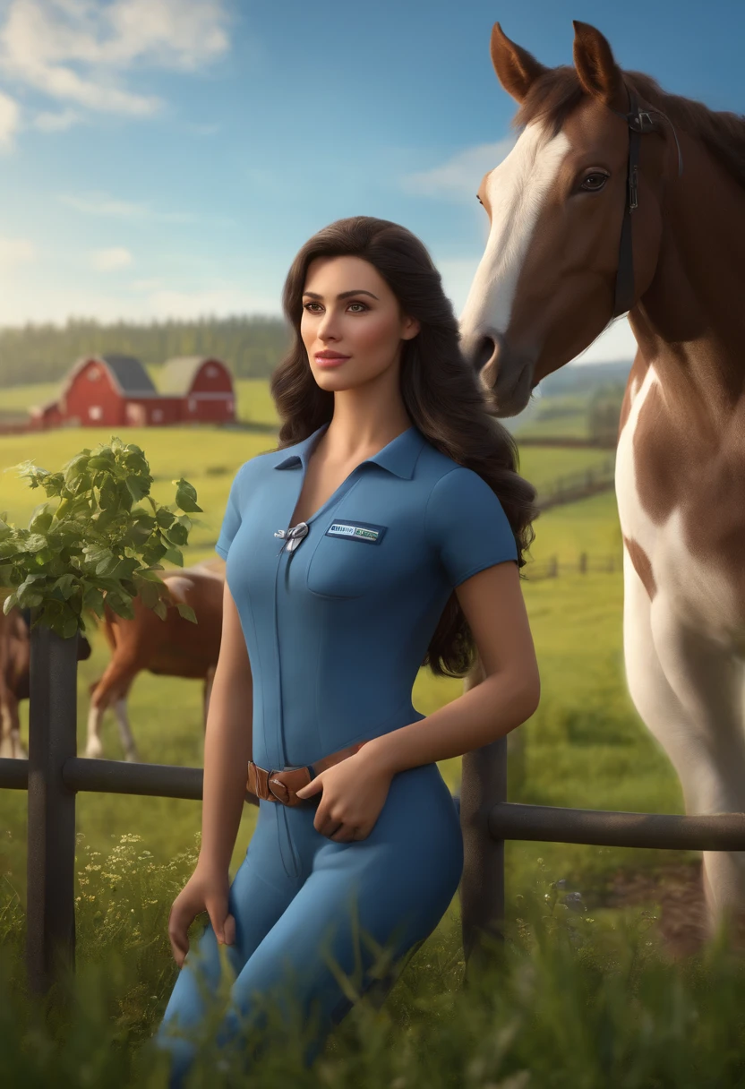 A woman, Veterinary Doctor, 30 years old, very beautiful, Black long hair, cabelos presos, using a boots, green eyes, wearing blue surgical pajamas, a stethoscope hanging around her neck, next to a horse, on the farm, cows and chickens in the background. super hyper detailed, 8k uhd, 3D rendering, modern Disney Pixar style.