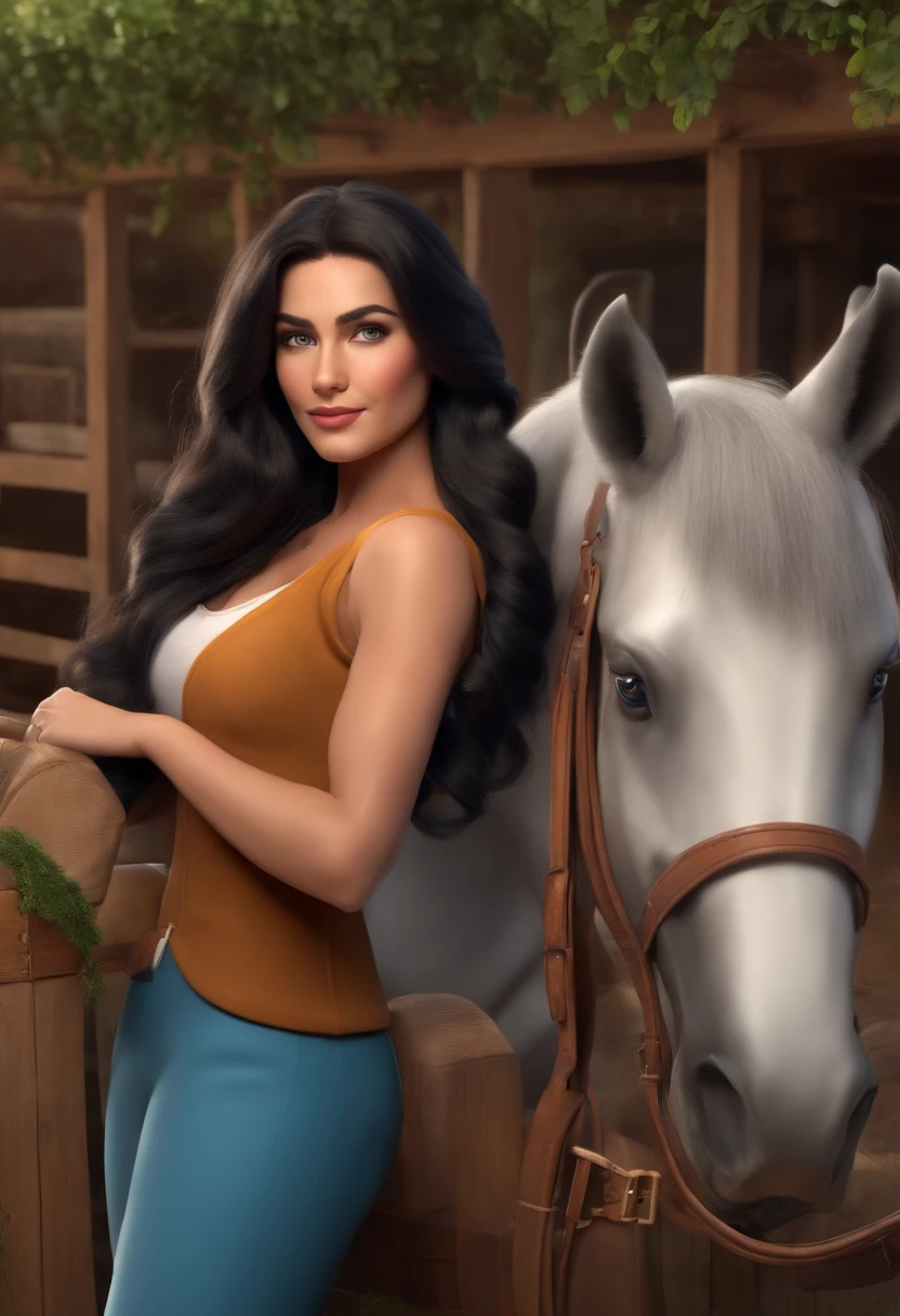 A woman, Veterinary Doctor, 30 years old, very beautiful, Black long hair, cabelos presos, using a boots, green eyes, wearing blue surgical pajamas, a stethoscope hanging around her neck, next to a horse, on the farm, cows and chickens in the background. super hyper detailed, 8k uhd, 3D rendering, modern Disney Pixar style.