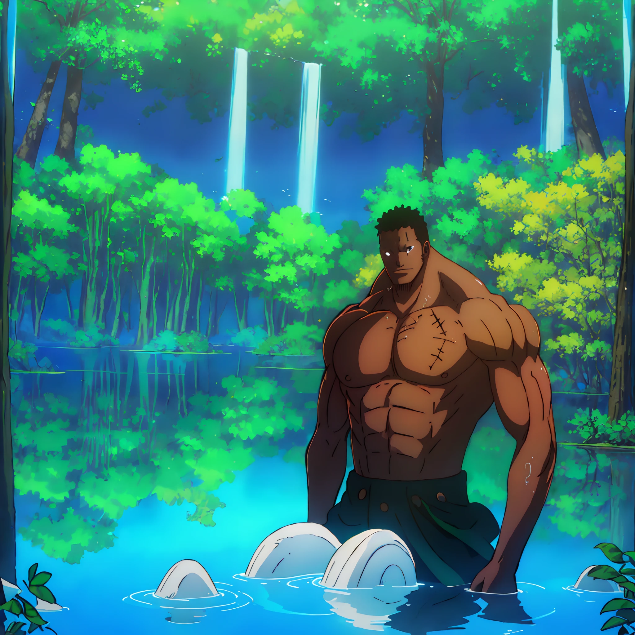 1boy, trending on pixiv, abs, animal_ears, bamboo, bara, branch, (eyes closed), (zen forest environment), furry, furry_male, jaguar_ears, large_pectorals, leaf, male_focus, gorgeous long black hair, sunlight, muscular, muscular_male, navel, nipples, onsen, partially_submerged, pectorals, rain, solo, sparkles, sunshower, sunlight, sunrise, sunset, thick_thighs, manly thighs, panther_ears, water, water_drop, wet, (all black fur), (nude), (thick beercan penis), (black skin panther),