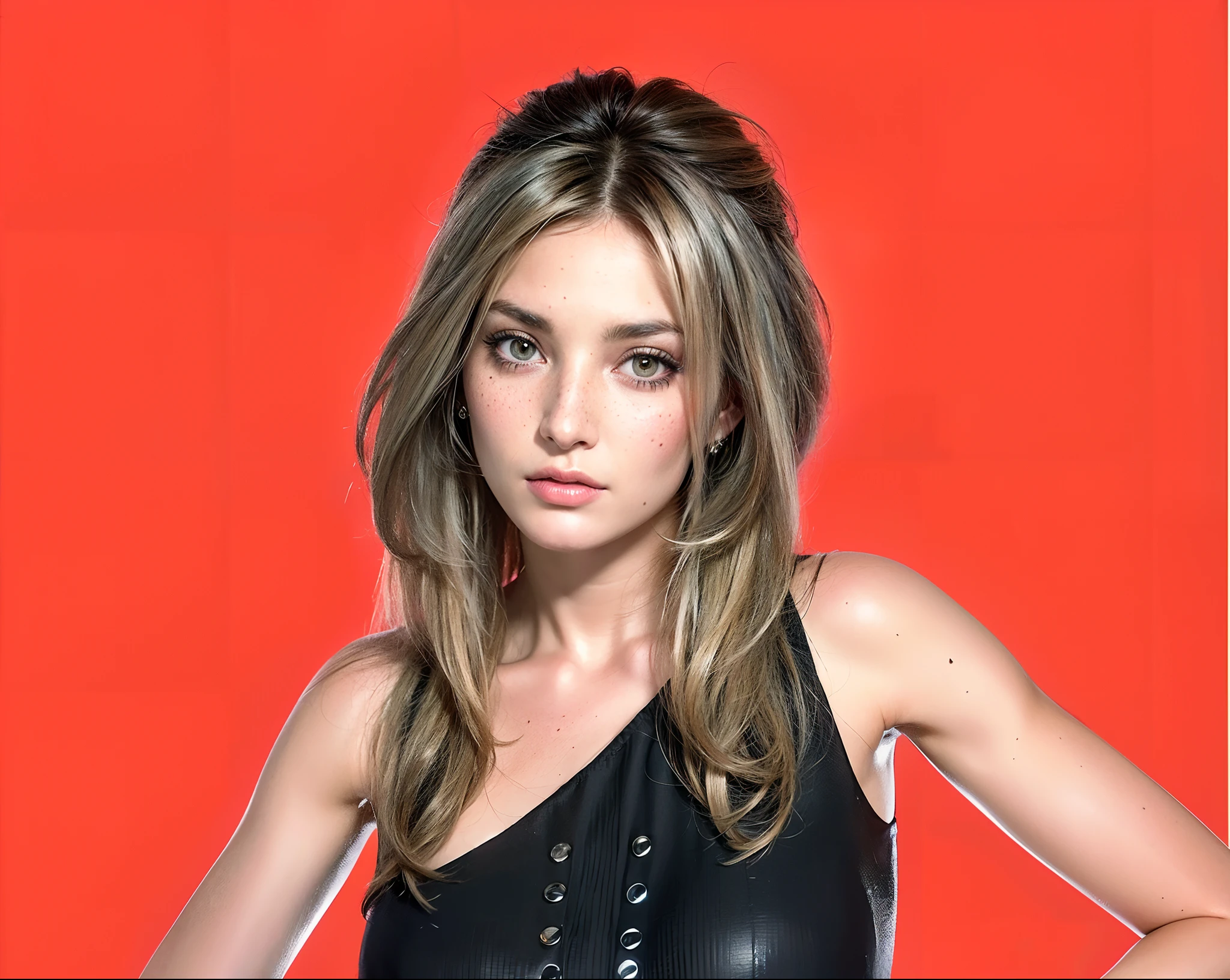 there is a woman with a black top and a red background, woman looks like sharon tate, render of mirabel madrigal, supermodel in silent hill, female lead character, looks like britney spears, inspired by Eva Frankfurther, 8k portrait, detailed intricate fabric texture, (charcoal black theme:1.3), spiral patterns, body freckles, bright, high quality image, masterpiece, detailed hair texture, detailed skin texture, detailed cloth texture, 8k, add fabric details, ultra detailed skin texture, ultra detailed photo, skin pores, cloth details, high skin details, realistic hair details, (8K, RAW photo, best quality, masterpiece:1.2), (realistic, photo-realistic:1.4), ultra-detailed (grainy:0.2)