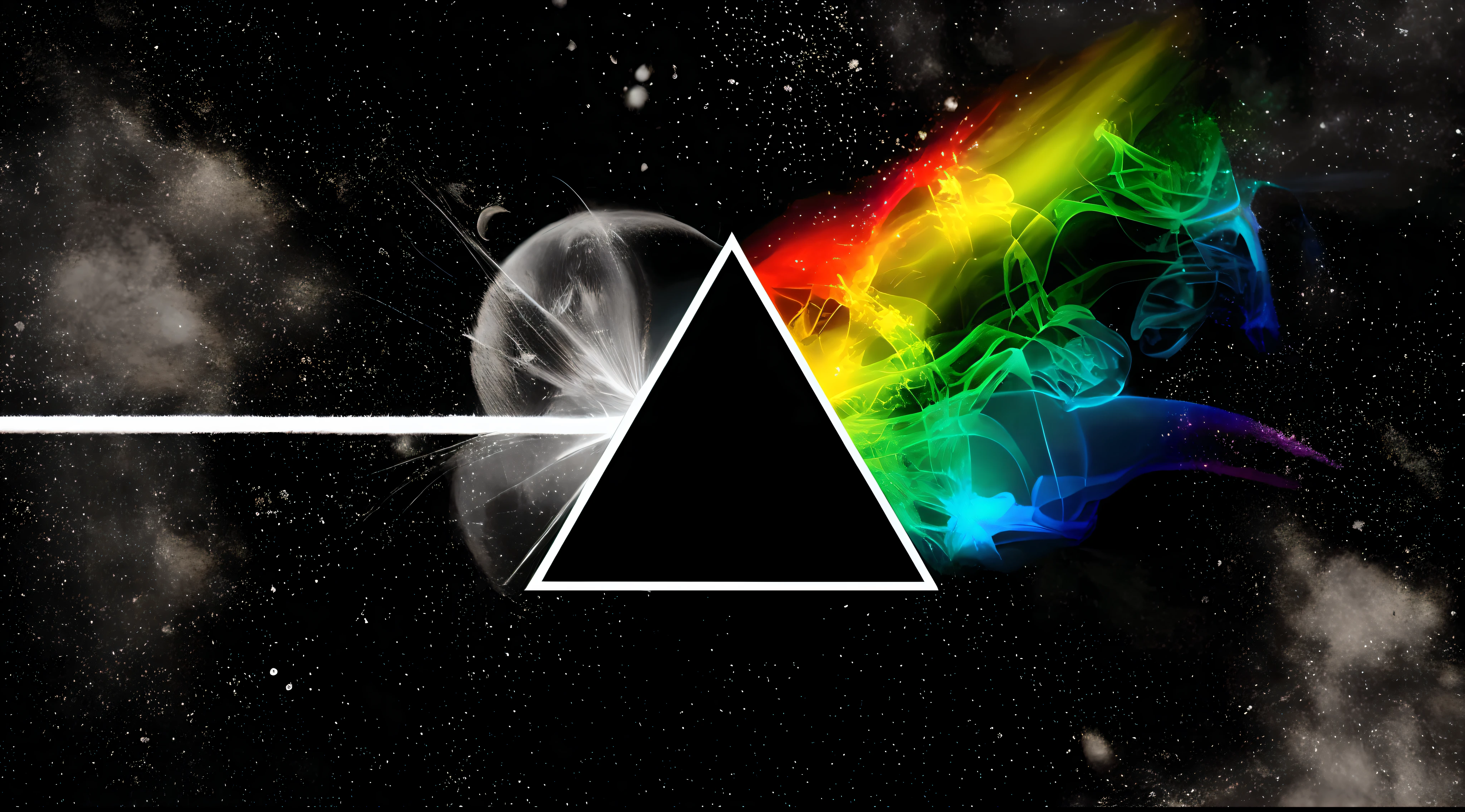 a dark side of the moon with a rainbow prism on it, O lado escuro da lua, prisma, refraction of the color spectrum, Pink Floyd, pyramid background, 3D style light refraction, light scattering, Pink Floyd album cover, highly detailed light refraction, prismatic lights, lado escuro, highly accurate light refraction, inspirado em Gabriel Dawe,Make the Most Beautiful Picture Ever Created