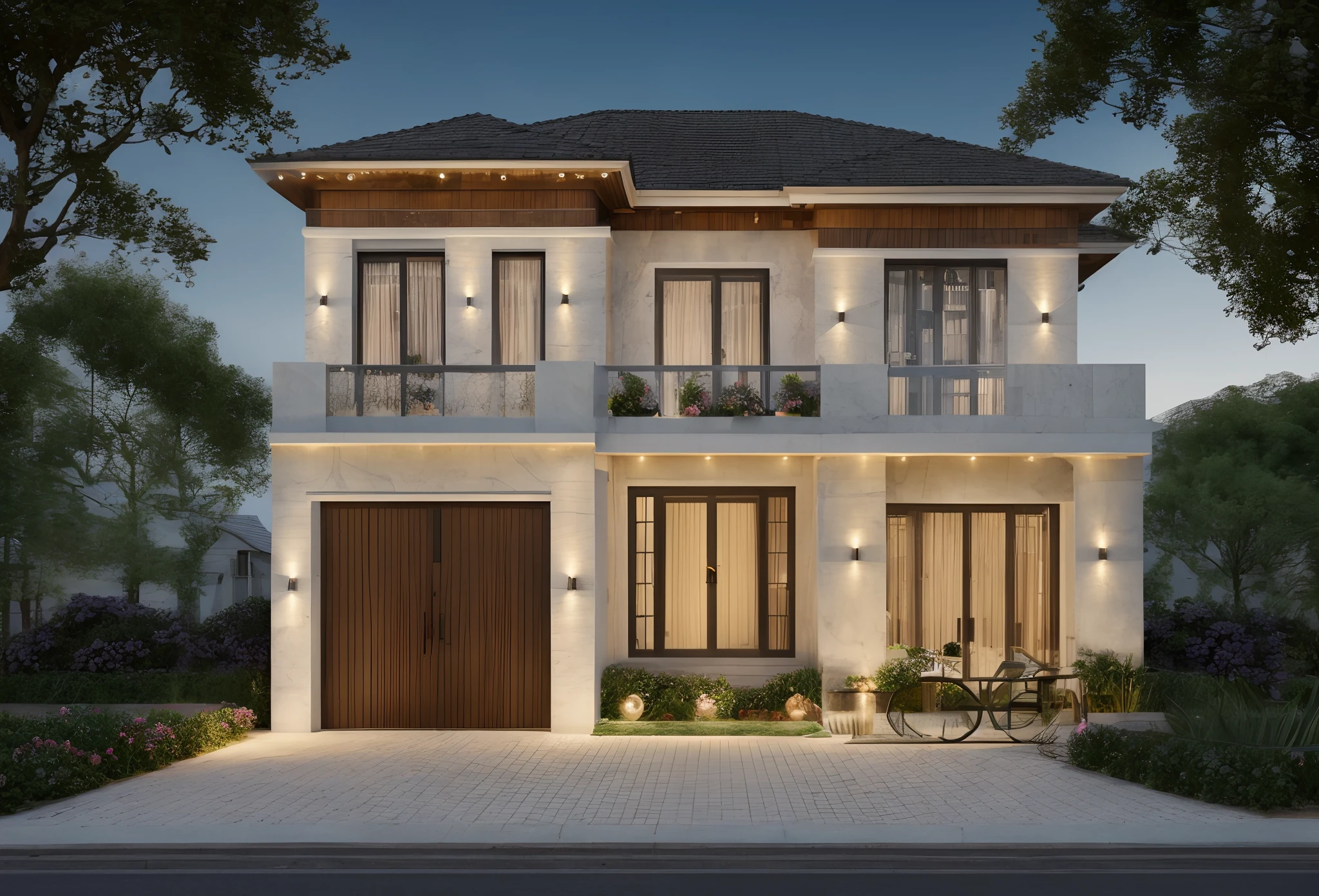 Realistic images, extremely detailed, a modern house, 1 road in font of house, large yard made by ceramic, (1 car), brick fence, lawn, a few small flowers, a road in front of the house, main materials of the house are white walls and red brick, Modern design, clear blue sky, sunrise light, light from inside, dynamic light,shimering light, cinematic light, romantic feeling, (((day light, warm light)))