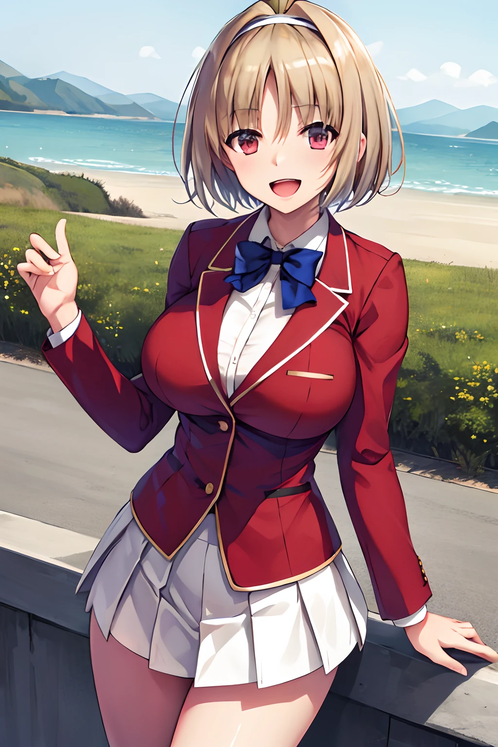 Big tits, masterpiece, best quality, highres, aakikyo, short hair, hair intakes, white hairband, blue bowtie, collared shirt, blazer, red jacket, long sleeves, white skirt, pleated skirt, black socks, cowboy shot, standing, outdoors, straight-on, arms at sides, smile, open mouth,