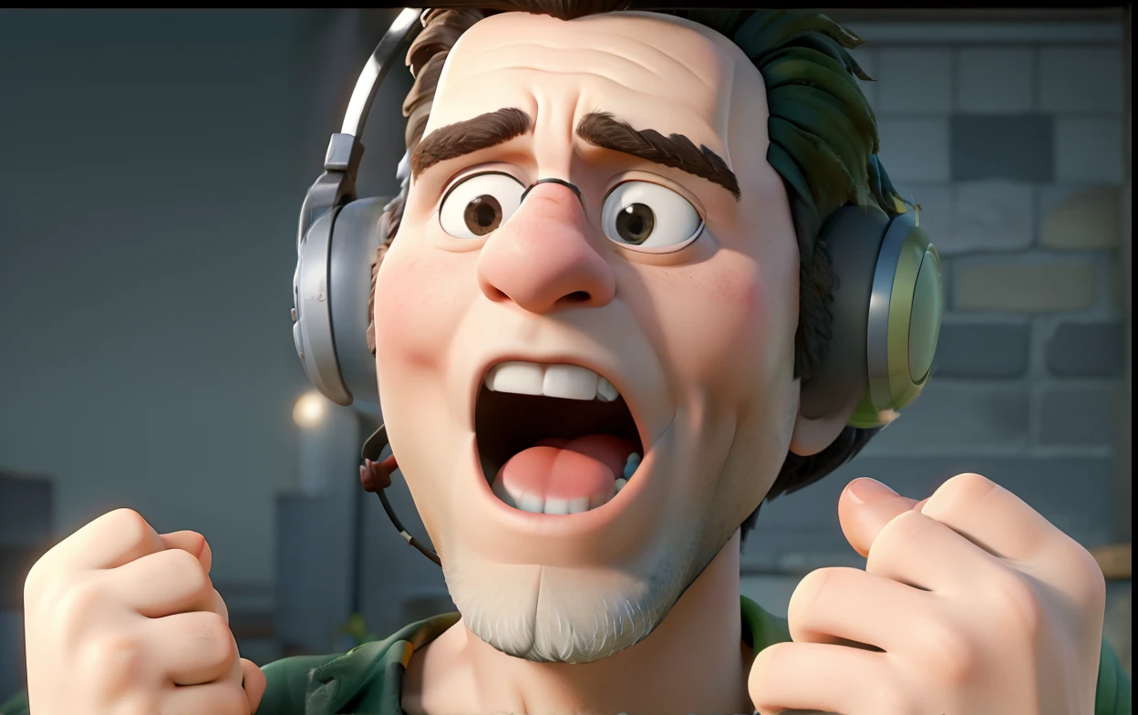 Homem gritando sentado em uma cadeira, dentro de um studio