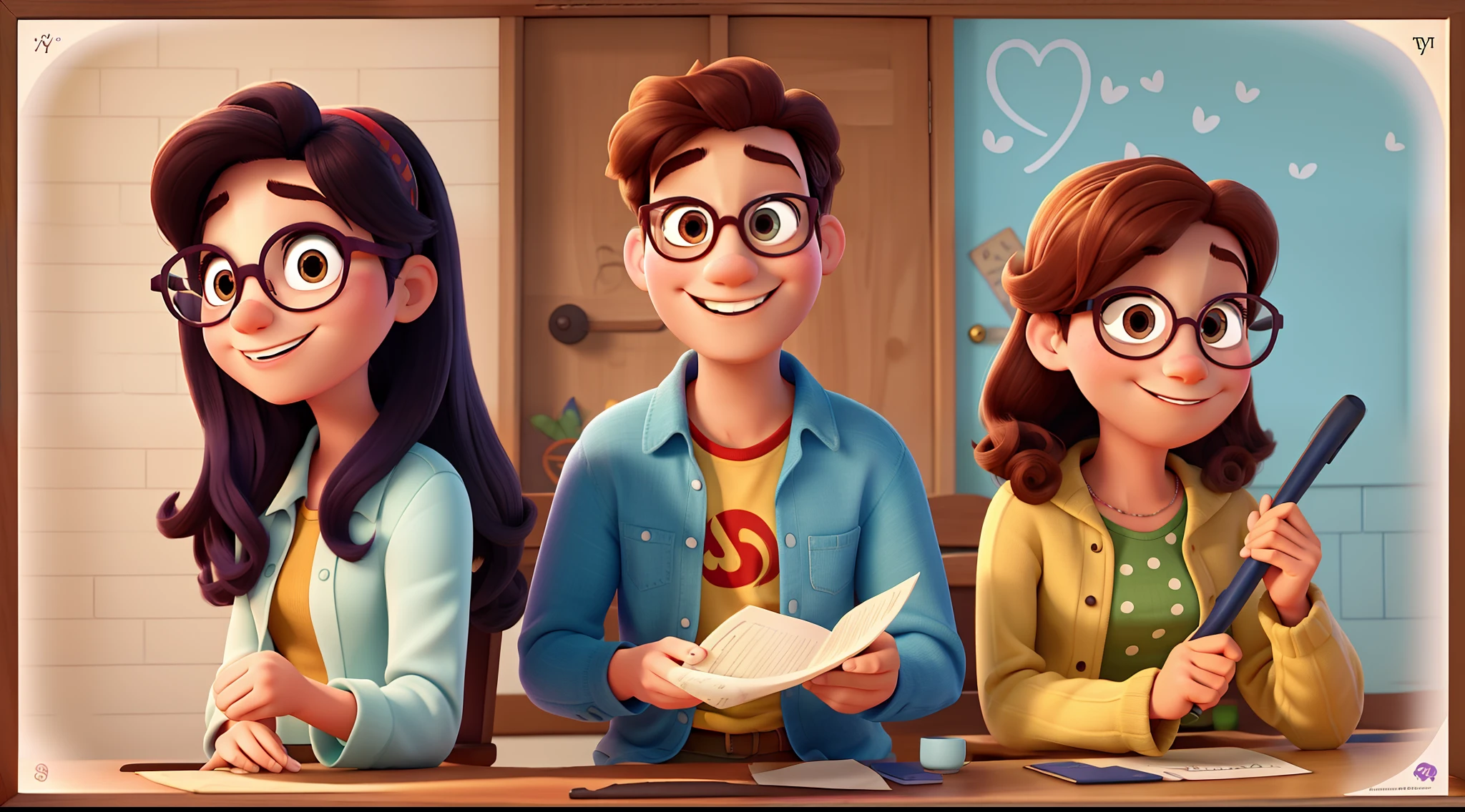 Disney pixar style poster, three friends the one in the middle has glasses, make each one perfect disney pixar style, high quality, best quality