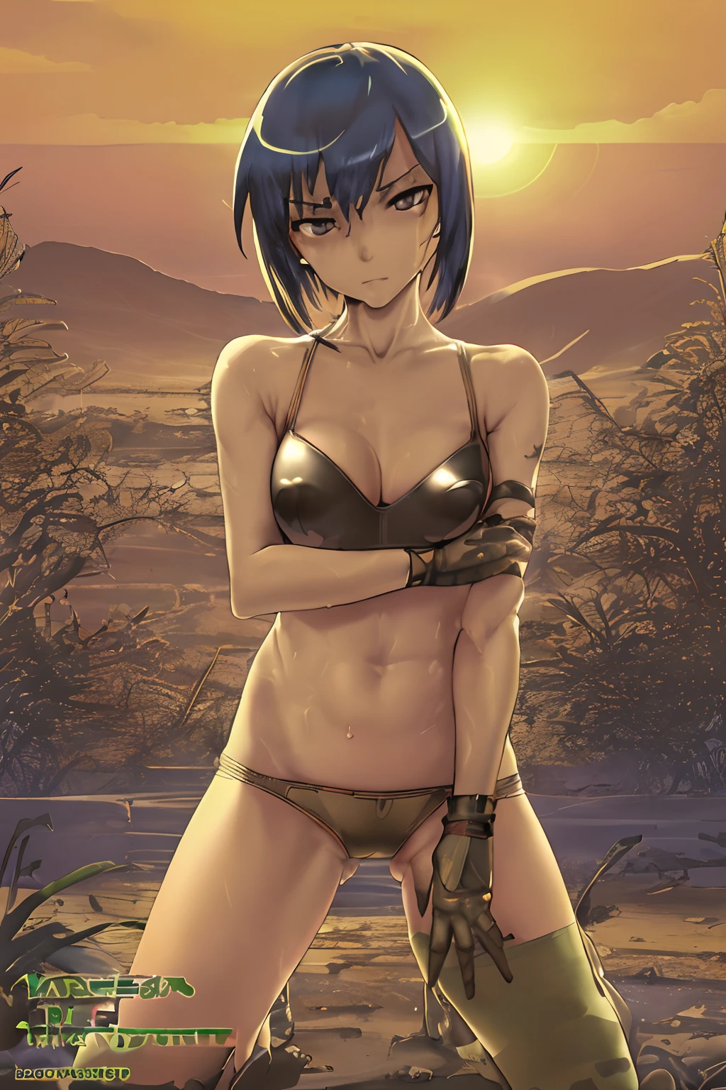 Master piece, best quality, transparent bra and panty, serious, dominant, seductive, sexy, military, desert. Cammo, Tactical. Armor, Sun, sunny, hot, Sargent, sleeveless, perfect hands, wet, wetting, summer, water, hot colors, colorized, open mini short, sexy pose, perfect anatomy arms, landscape war, warfare.