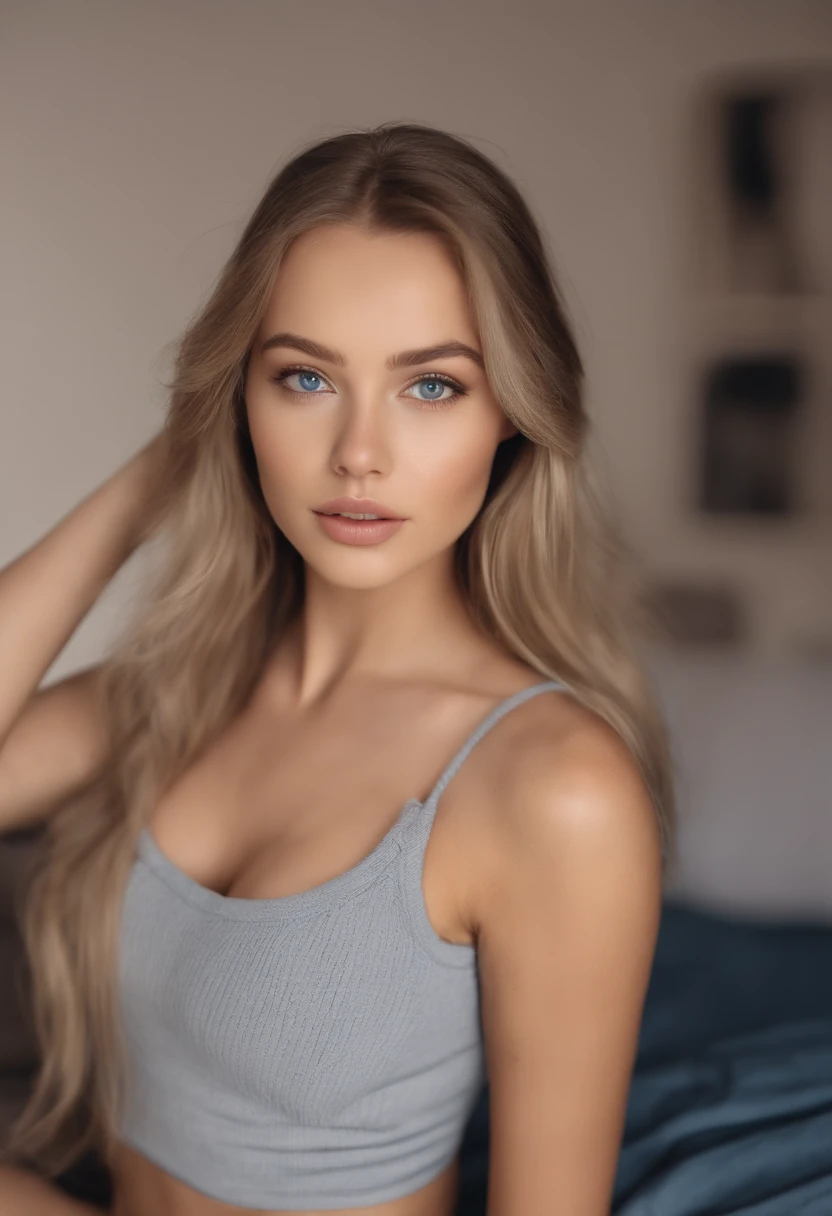 Woman with matching tank top and panties, Sexy girl with blue eyes, portrait sophie mudd, Portrait de Corinna Kopf, blonde hair and large eyes, Selfie einer jungen Frau, ohne Make-up, Natural makeup, Blick direkt in die Kamera, Gesicht mit Artgram, dezentes Make-up, Great full body photo, im Zimmer, sitzt auf Bett, big boobs, Blond