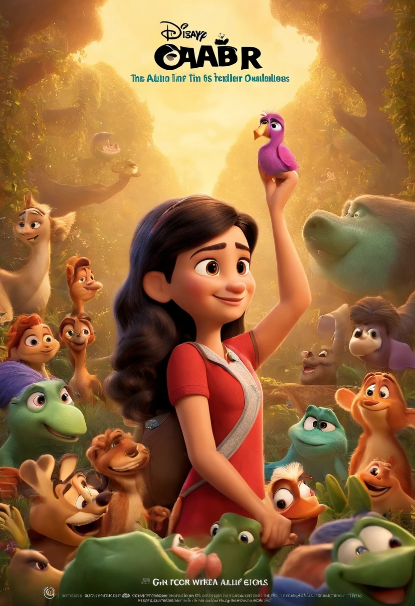 cartaz de filme pixar/disney with the title "Gabi, the authentic one", com uma mulher estilo pixar/disney, de frente, Authentic, alegre, curiosa, cabelos ondulados castanhos, olhos grandes e castanhos, magra e malhada, Instagram Icons, whatsapp, Facebook and chat bubbles in the background