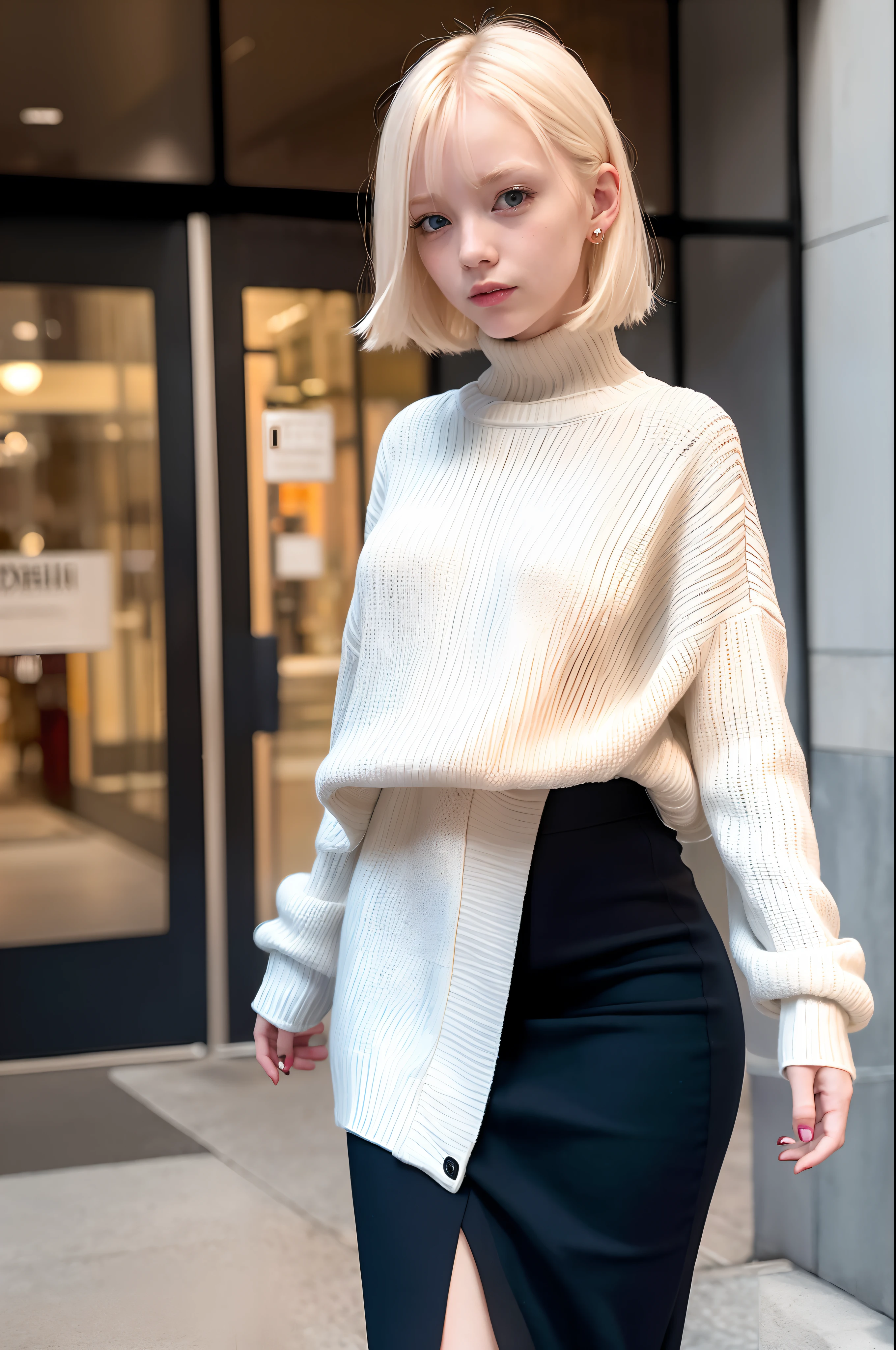 A big city at dusk, in front of the entrance to a department store, alone, beautiful Scandinavian girl, albino, 18 years old, 180 cm tall, beautiful face, big eyes, long eyelashes, short knit sweater, flared miniskirt, she was smiling, Capture the moment you look back,