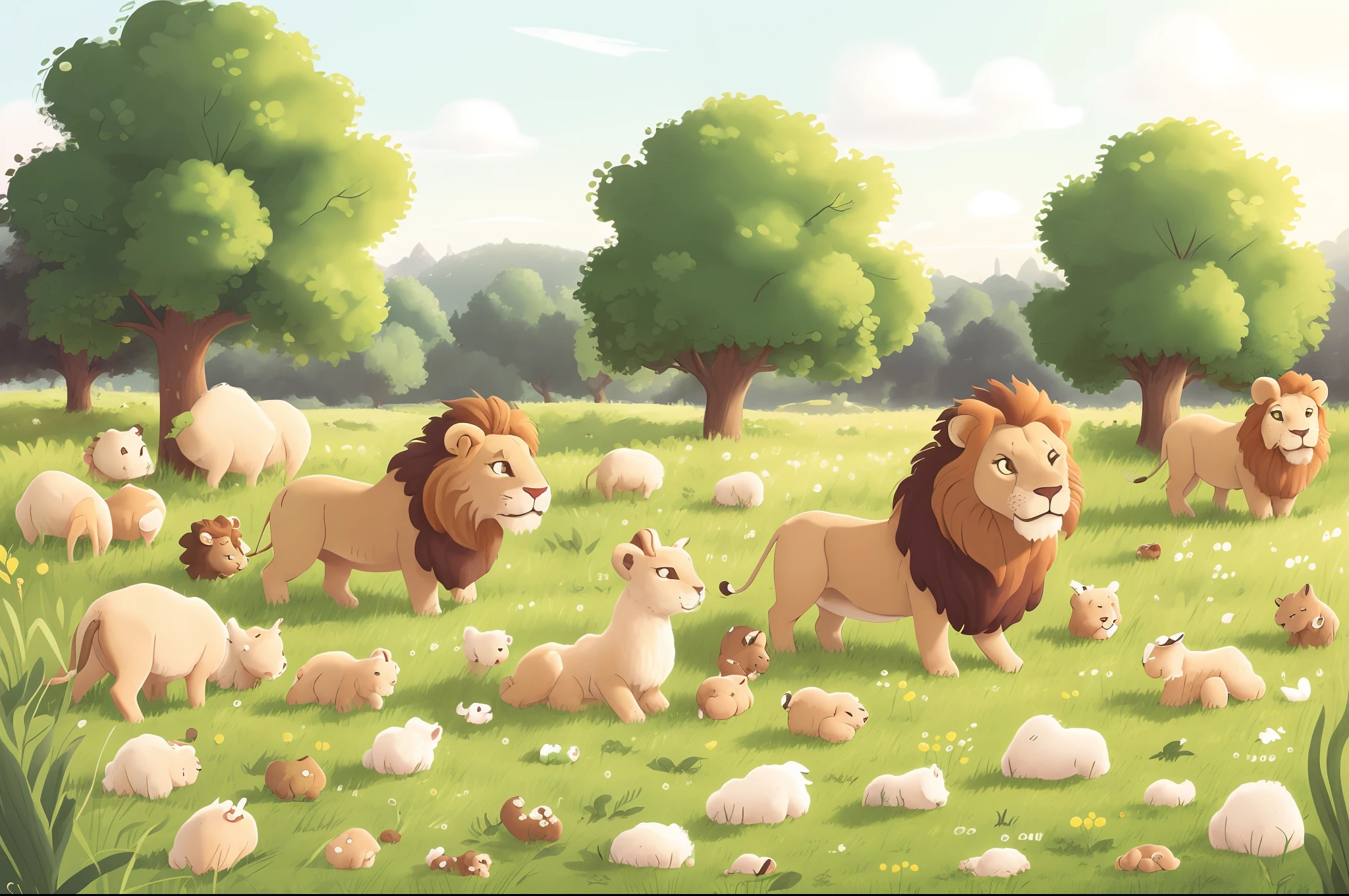 Lion and lamb grazing in a field peacefully