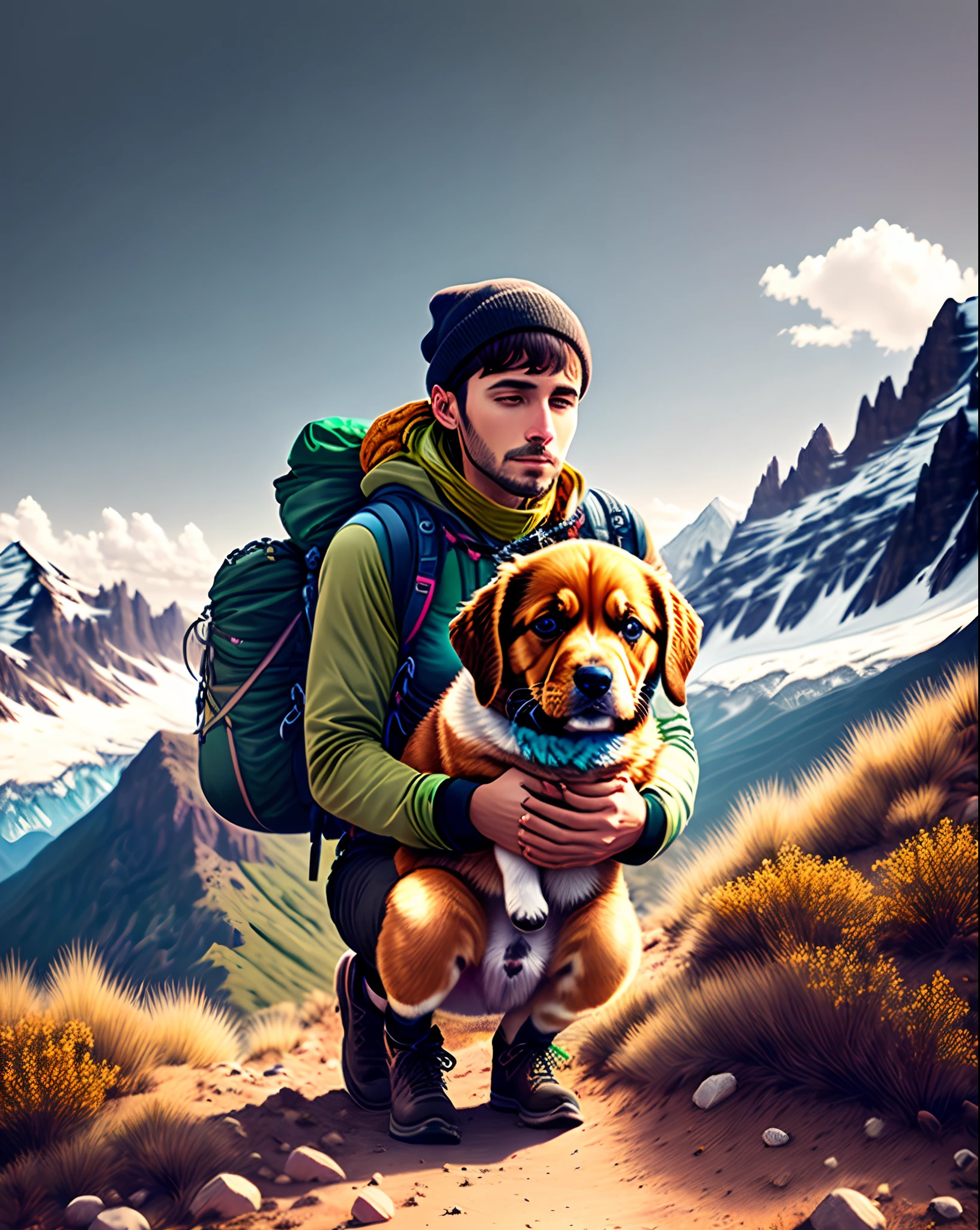 Man holding a puppy while hiking on a mountain