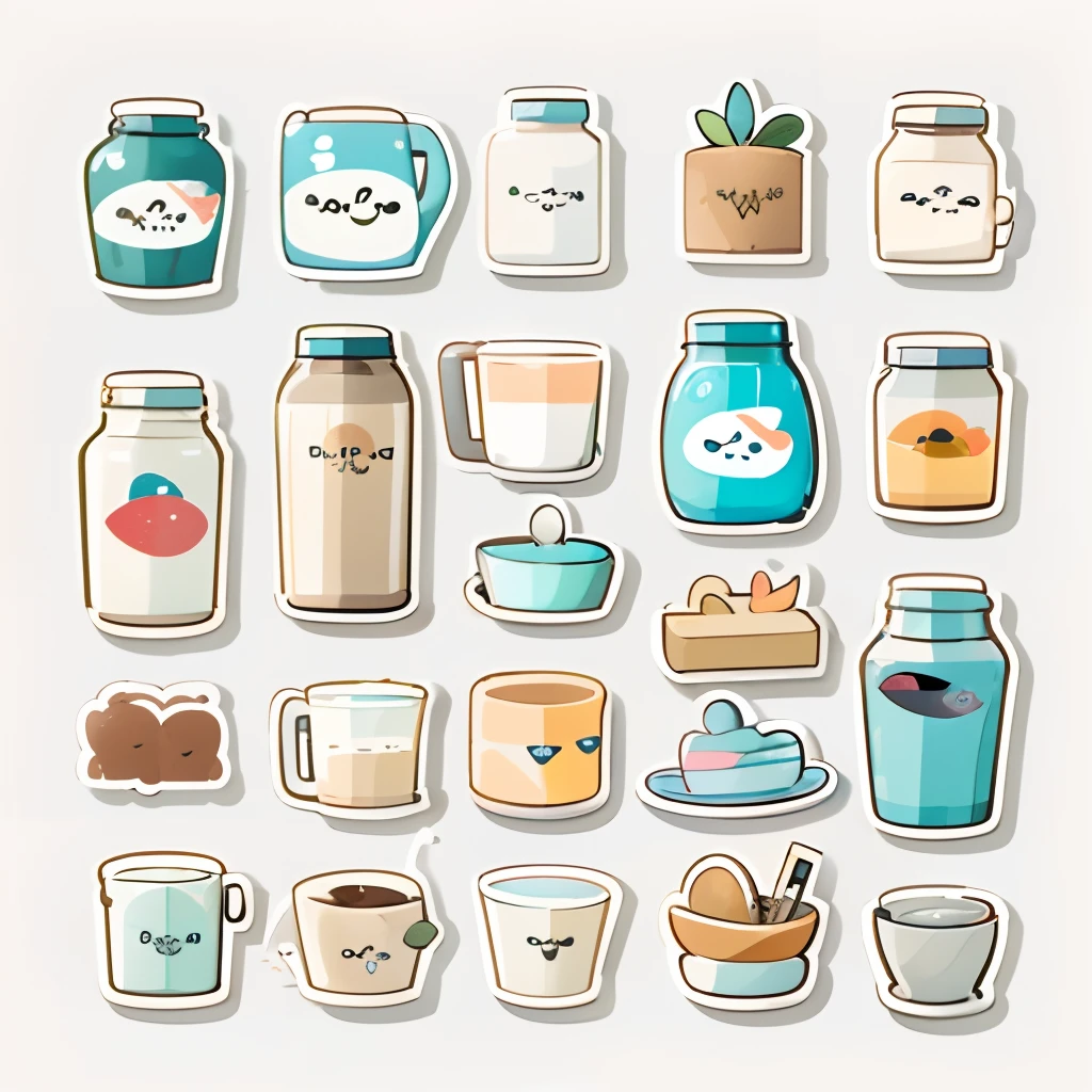 1 sticker, (stickers, bottle of milk, plate of milk, box of milk), watercolor, white background, simple background, minimal, tiny, pastel color, vector style, no gradient,