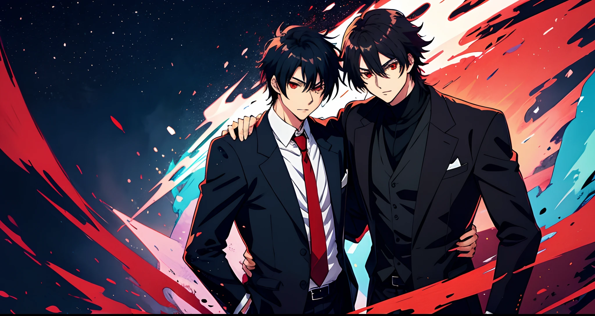 male people，black suits，A dark-haired，red eyes，dark，cool，a cool，anime illustrated，An ultra-high picture quality，horor，anime styled，top-quality