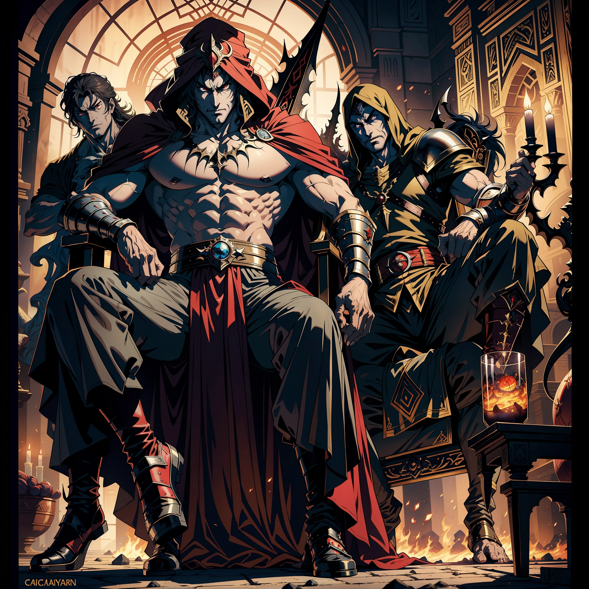 Castlevania Hyper Realistic Shadow Lord Super Detailed Dynamic Shot Master Piece of Lord Dracula Medieval Arab Warrior with Red Turban Scary Face Hokuto No Ken Structure Muscular Face Kenshiro sitting in his legendary Moroccan throne surrounded by demons and 3 scary demons Speaking of old rolls Cinematic Scenes Epic Movie Hyper Realistic Movie Legendary Movie Epic Movie Epic Movie Epic Movie Epic Movie Epic Movie Epic Epic Movie Epic Movie Epic Movie Epic Movie Epic Movie Enlarged 3D View Bottom Angle