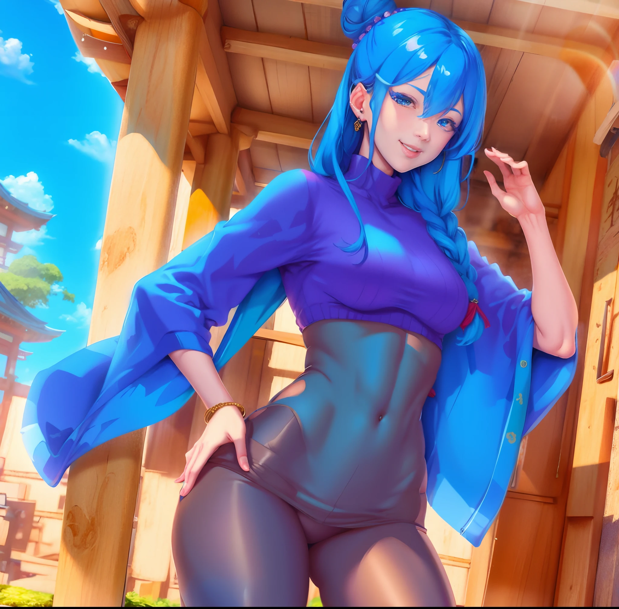 mature female, milf, (masterpiece:1.2), (best quality:1.1), (4k:1.1), (uhd:1.1), (highres:1.1), (illustration:1.1), (flat color:1.1), dramatic angle, blurry background, japanese temple, long hair, hair between eyes, braid, hair bun, makeup, big smile, glowing eyes, medium breasts, muscles, abdominal muscles, turtleneck sweater, (kimono:1.1), china dress, bandages, (japanese clothes:1.1), yoga pants, jewelry, hairclip, ear rings, (blue hair), (sfw), (Nakamura Regura)