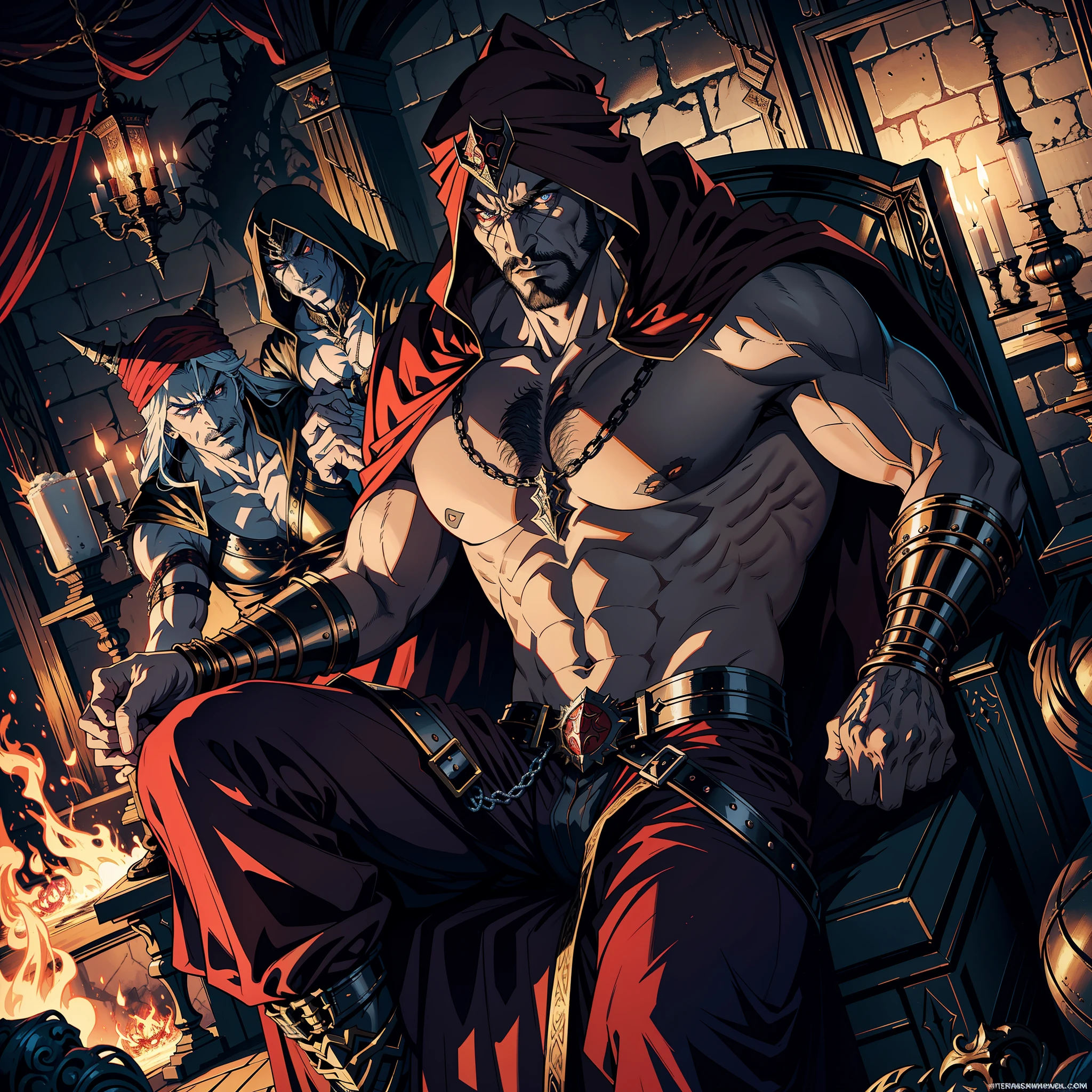 Castlevania Hyper Realistic Shadow Lord Super Detailed Dynamic Shot Master Piece of Lord Dracula Medieval Arab Warrior with Red Turban Scary Face Hokuto No Ken Structure Muscular Face Kenshiro sitting in his legendary Moroccan throne surrounded by demons and 3 scary demons Speaking of old rolls Cinematic Scenes Epic Movie Hyper Realistic Movie Legendary Movie Epic Movie Epic Movie Epic Movie Epic Movie Epic Movie Epic Epic Movie Epic Movie Epic Movie Epic Movie Epic Movie Enlarged 3D View Bottom Angle