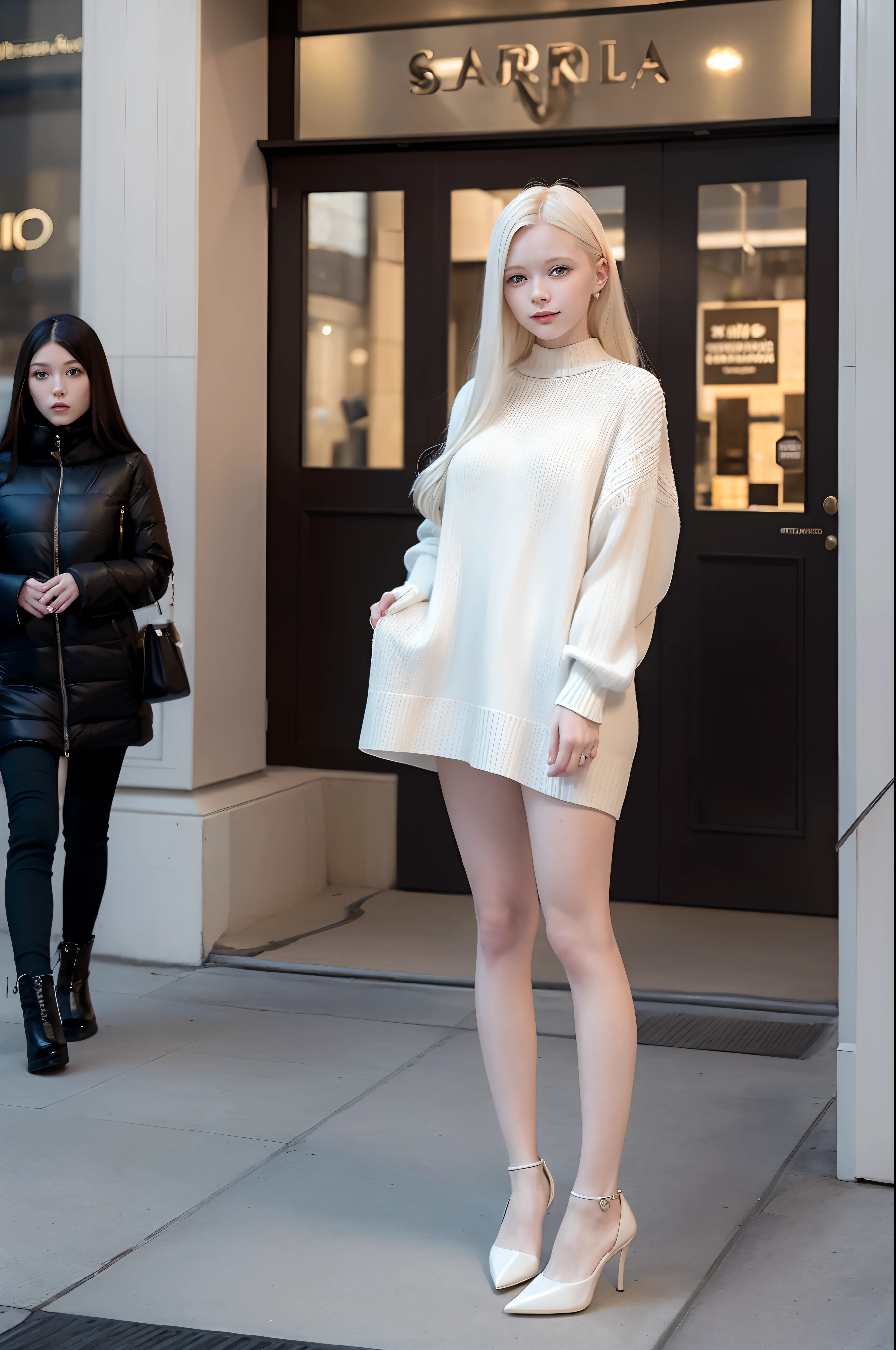 A big city at dusk, in front of the entrance to a department store, alone, beautiful Scandinavian girl, albino, 18 years old, 180 cm tall, beautiful face, big eyes, long eyelashes, short knit sweater, flared miniskirt, she was smiling, Capture the moment you look back,