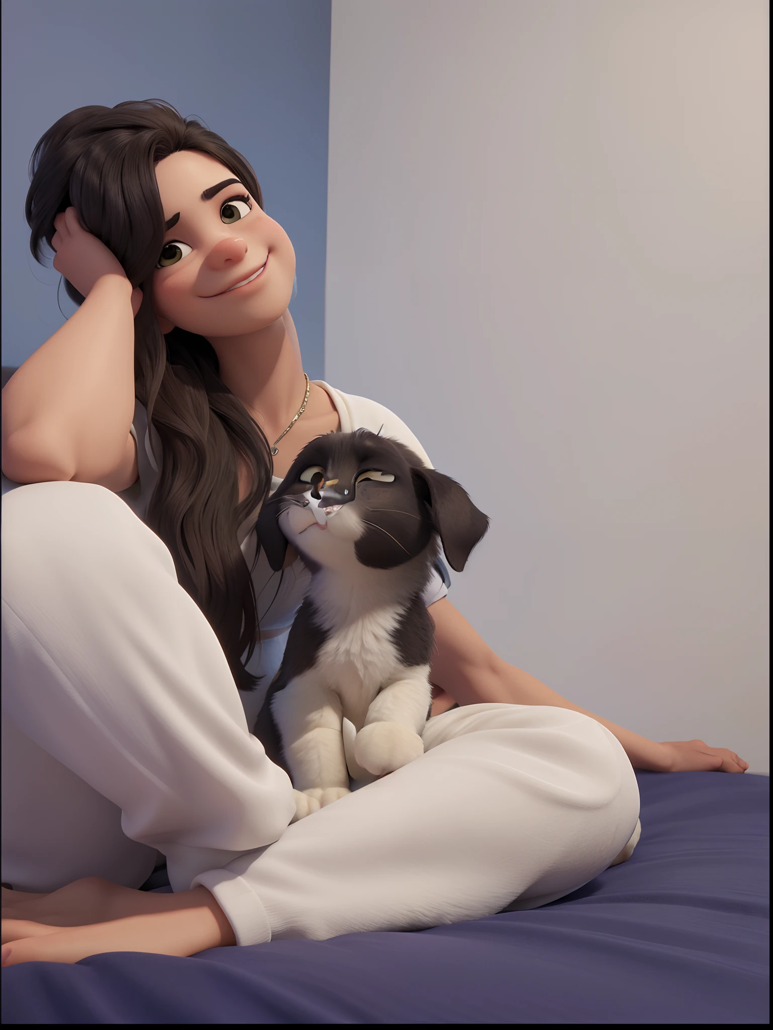 mulher sentada em uma cama com um cachorro em seu colo, sentado em uma cama, sentado na cama, relaxing and smiling at camera, sentada em sua cama, with dogs, relaxed pose, usando pijamas brancos, imagem de qualidade muito baixa, fernanda suarez, com gato pequeno no colo, imagem de perfil, Pose satisfeita, pose suave e calma, usando pijama