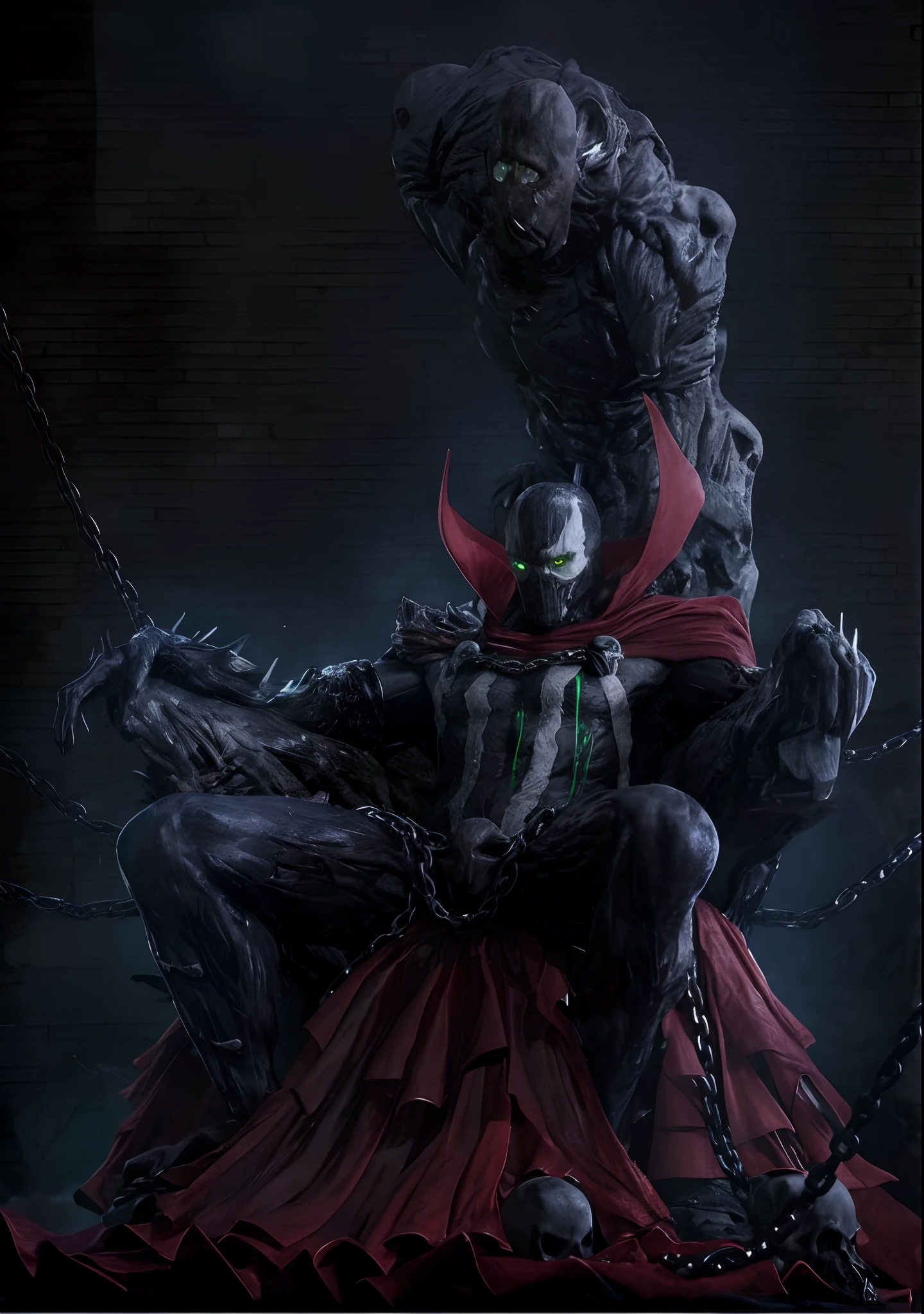 Photograph of a demonic hero with a red cape on a throne of human bones, Todd McFarlane, inspirado em Ryan Stegman, Neal Adams | Esquerda, inspirado por Rob Liefeld, Directed by: Ryan Stegman, veneno, Simbionte, Joe GB Fenton, inspirado em Mike Deodato, gate, da Marvel, David Tennant como Spawn. hiper-realista, photographic, cinemactic, altamente detalhado, rosto detalhado, intrincado, vivid colors, cinematic lighthing, 8k, disco Rigido