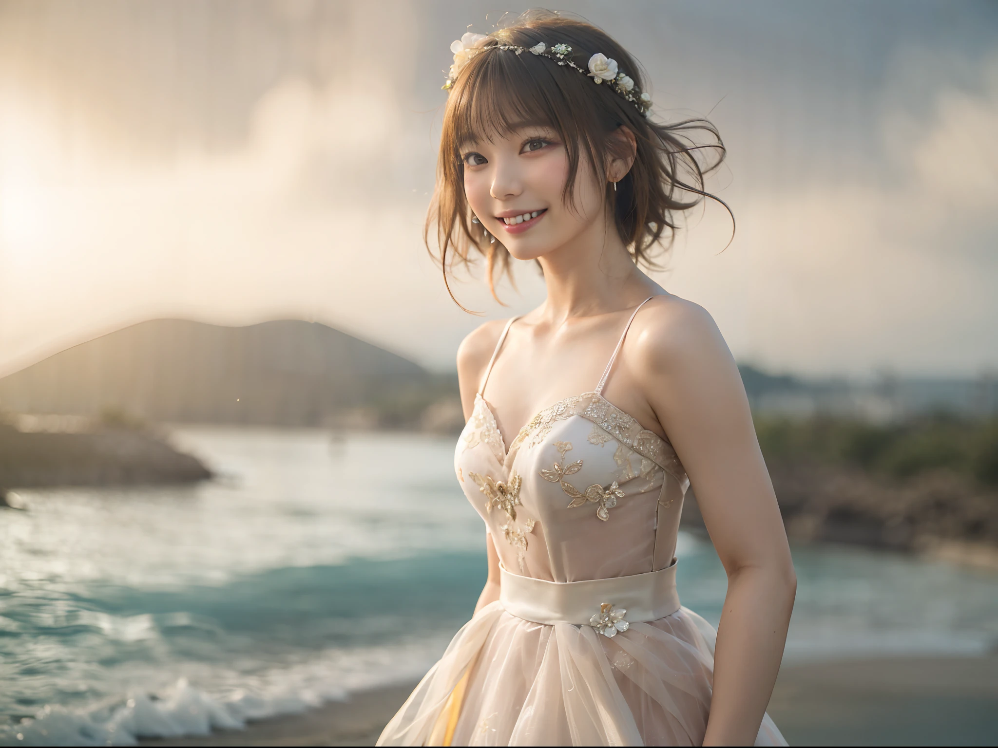 full body Esbian、((lensflare))、((Constricted waist circumference))、((Smiling)),((((27yo)))),(((Smaller bust))))、(((Colorful Wedding Dresses)))、(((Muscle feeling)))、(((photorealisim:6, realisitic)))、browny short hair、Wearing black-rimmed glasses、pale-skinned、looking at the viewers、the beach、coastline、the wind、vague、 8K UHD、Digital SLR、softlighting、hightquality、top-quality、超A high resolution、(Photorealsitic:1.4)、beautiful smiling face, Beautiful detailed sky, 电影灯光, depth of fields, Lens flare light、(A smile:1.15)、(Mouth closed)tiny chest、beautiful finely detailed eyes、Floating hair Nova frog style