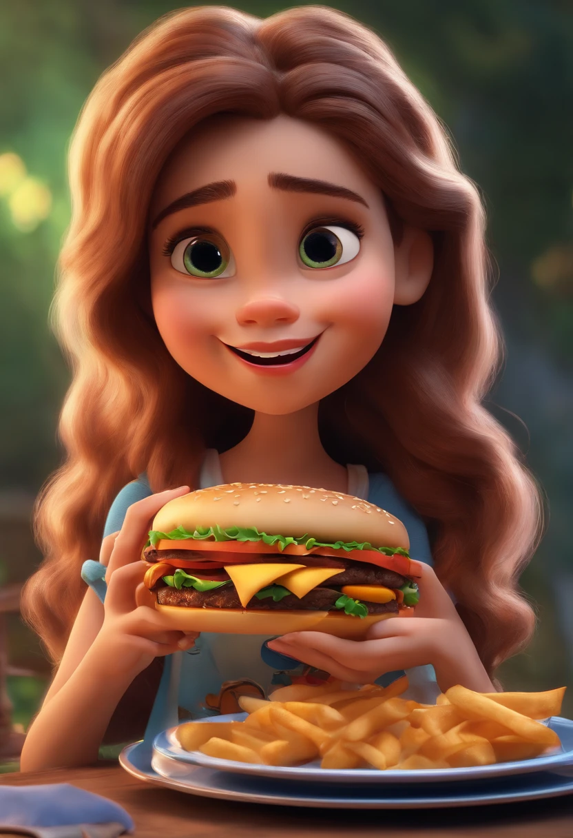 Make a Girl, She's hungry, como Disney Cartoon, She's eating hamburger, Pixar, ..3d, Disney