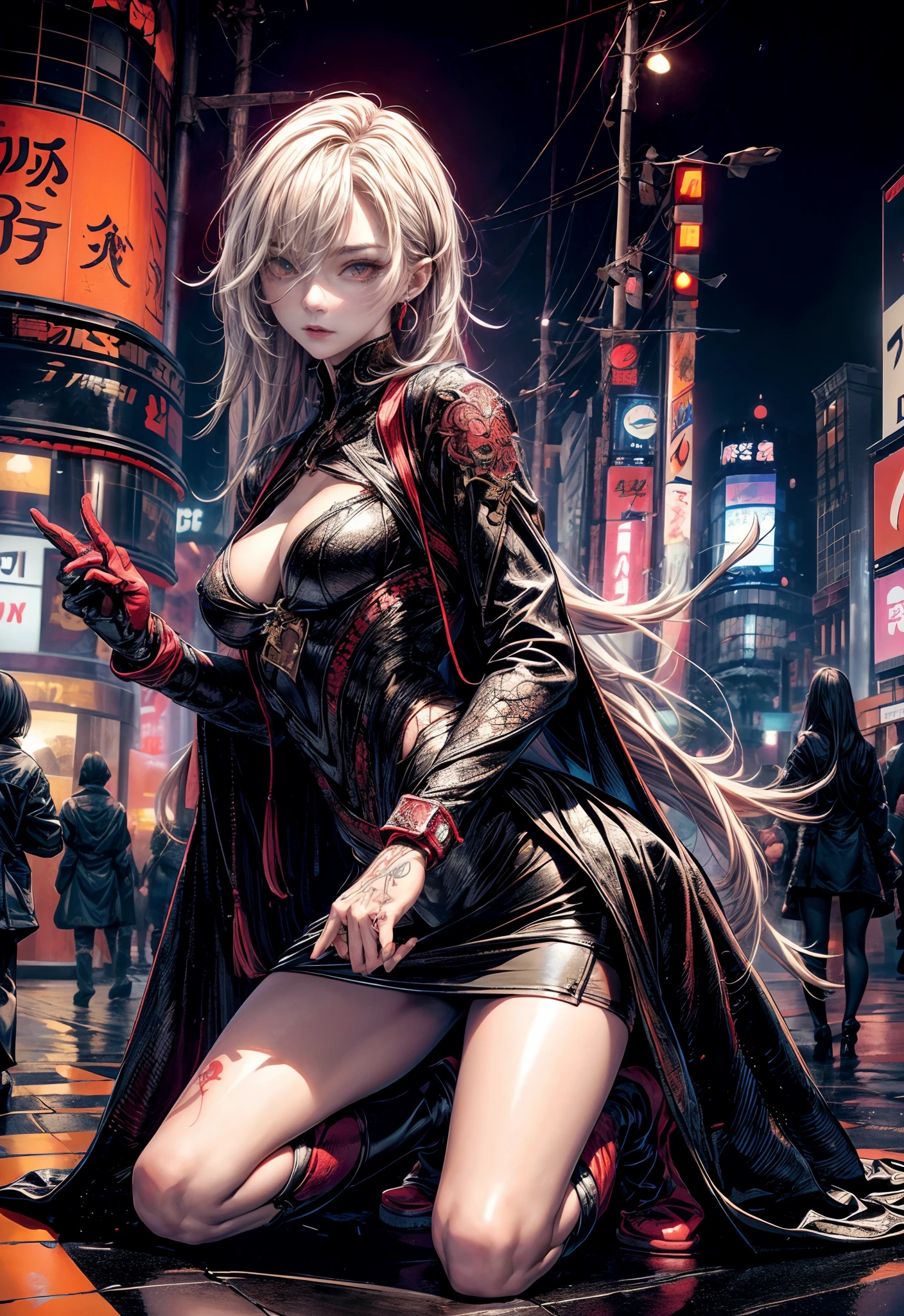 Cinematic lighting,super detailed skin、Beautiful detailed eyes、Best Quality,cyberpunked,(Alternative、dim colors, Soothing tones:1.3),NSFW(1beautiful woman、Detailed beautiful facial features:1.3)(well-shaped breasts、Long coat in red、a miniskirt、Japan-inspired tattoos、Ripped clothes:1.2).(Looks Back、crouching down、Raise your hand up:1.5)(firearm)(Soaring Court、Dynamism:1.4)Shibuya Halloween Night、People in costumes々々々、natta。jpn、Shibuya Crossing、