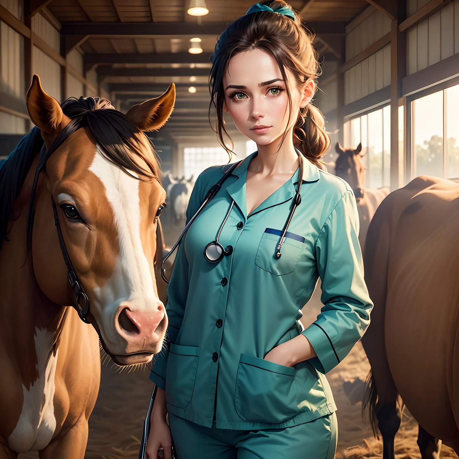 A woman, Veterinary Doctor, 30 years old, very beautiful, hair tied in a ponytail brown , green eyes, wearing blue surgical pajamas, a stethoscope hanging around her neck, next to a horse, on the farm, cows and chickens in the background. super hyper detailed, modern Disney Pixar style.