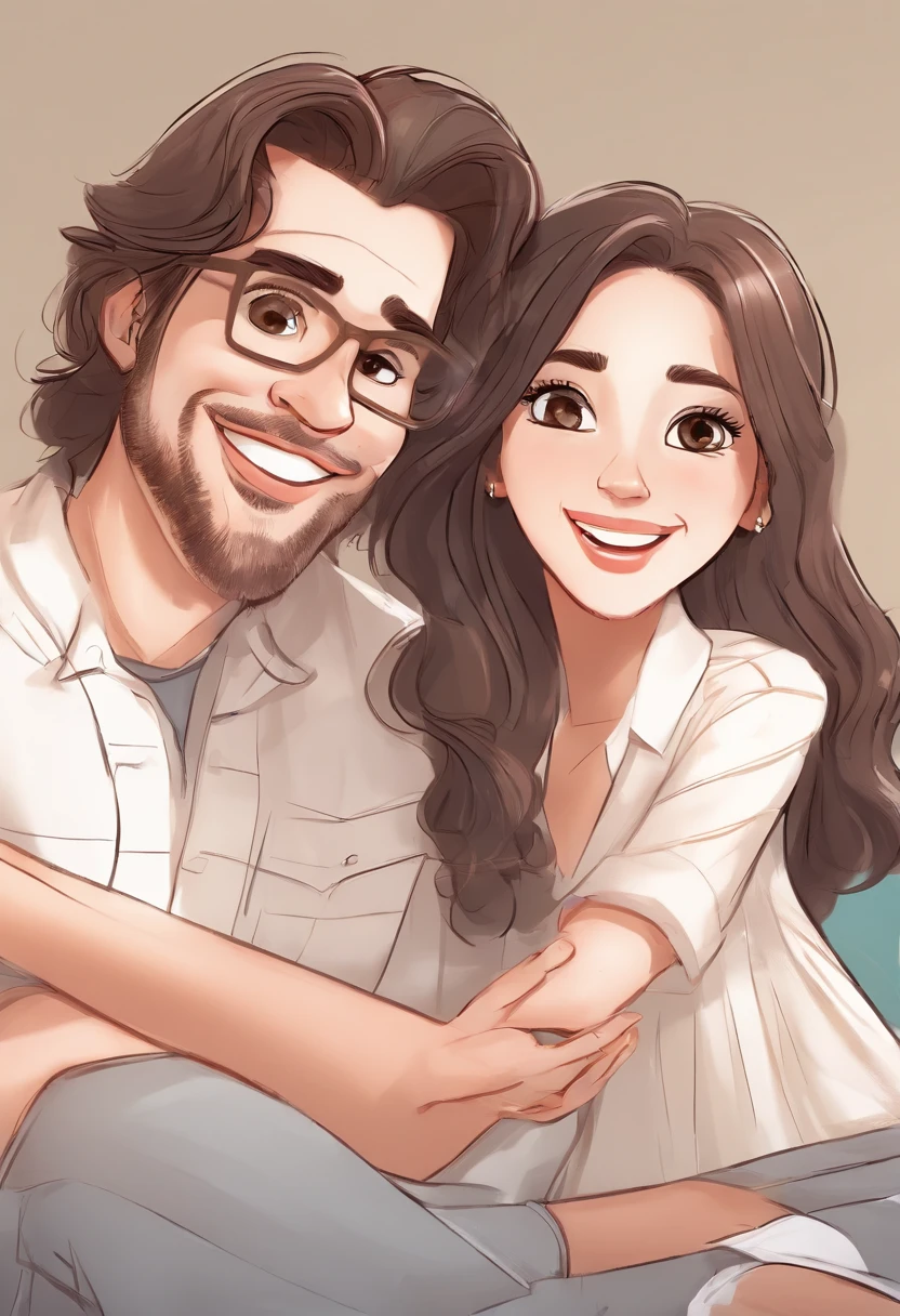 An illustration of an adorable couple, Highlighting a white man and a black woman with beautiful expressive eyes – the man's skin is white and the man's hair is straight and black, while the woman's skin is black and the woman's hair is straight and brown. They are a bright room, cada um com um sorriso no rosto, e compartilhar um momento especial caracterizado pelo amor, Insights. Illustrate this scene from a perspective where they are facing the camera, Smiling and Showing Your Connection. Desenvolva esta arte em Full HD, Focus on your cinematic touch, Estilo Disney Pixar Animations