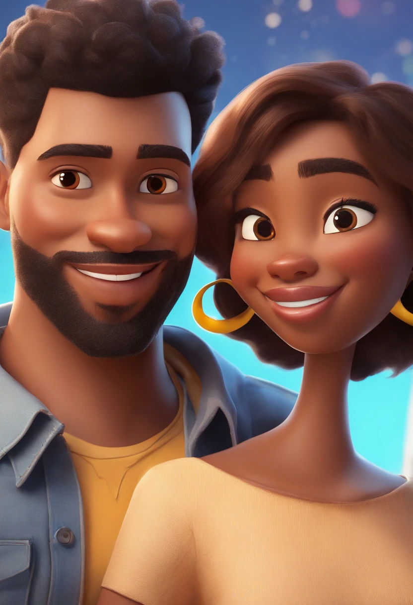 An illustration of an adorable couple, Highlighting a white man and a black woman with beautiful expressive eyes – the man's skin is white and the man's hair is straight and black, while the woman's skin is black and the woman's hair is straight and brown. They are a bright room, cada um com um sorriso no rosto, e compartilhar um momento especial caracterizado pelo amor, Insights. Illustrate this scene from a perspective where they are facing the camera, Smiling and Showing Your Connection. Desenvolva esta arte em Full HD, Focus on your cinematic touch, Estilo Disney Pixar Animations