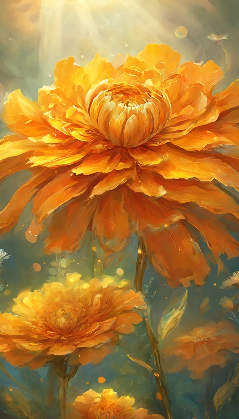 marigold flower, artistic conception, Light shines straight down from above