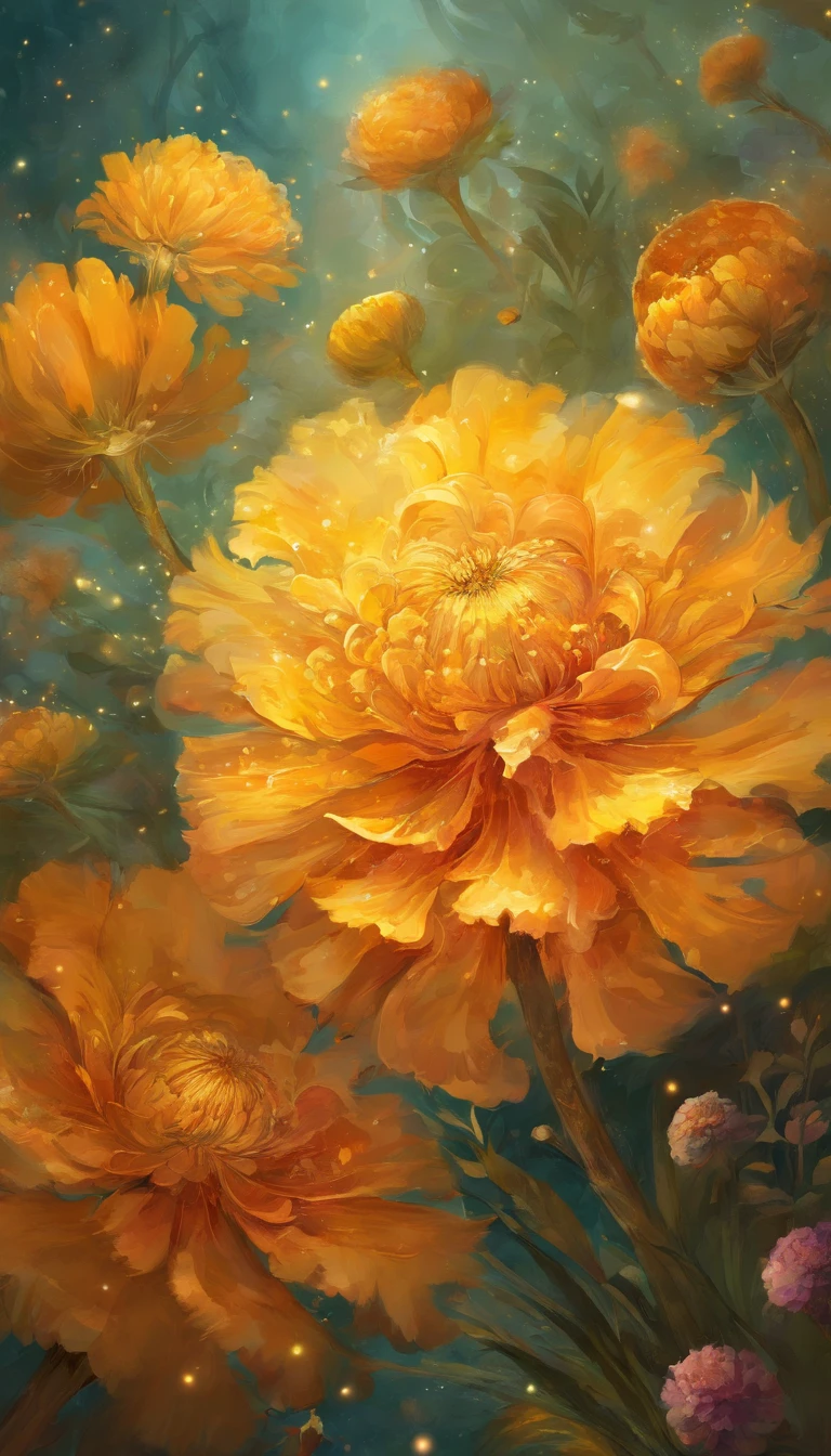 marigold flower, artistic conception, Light shines straight down from above