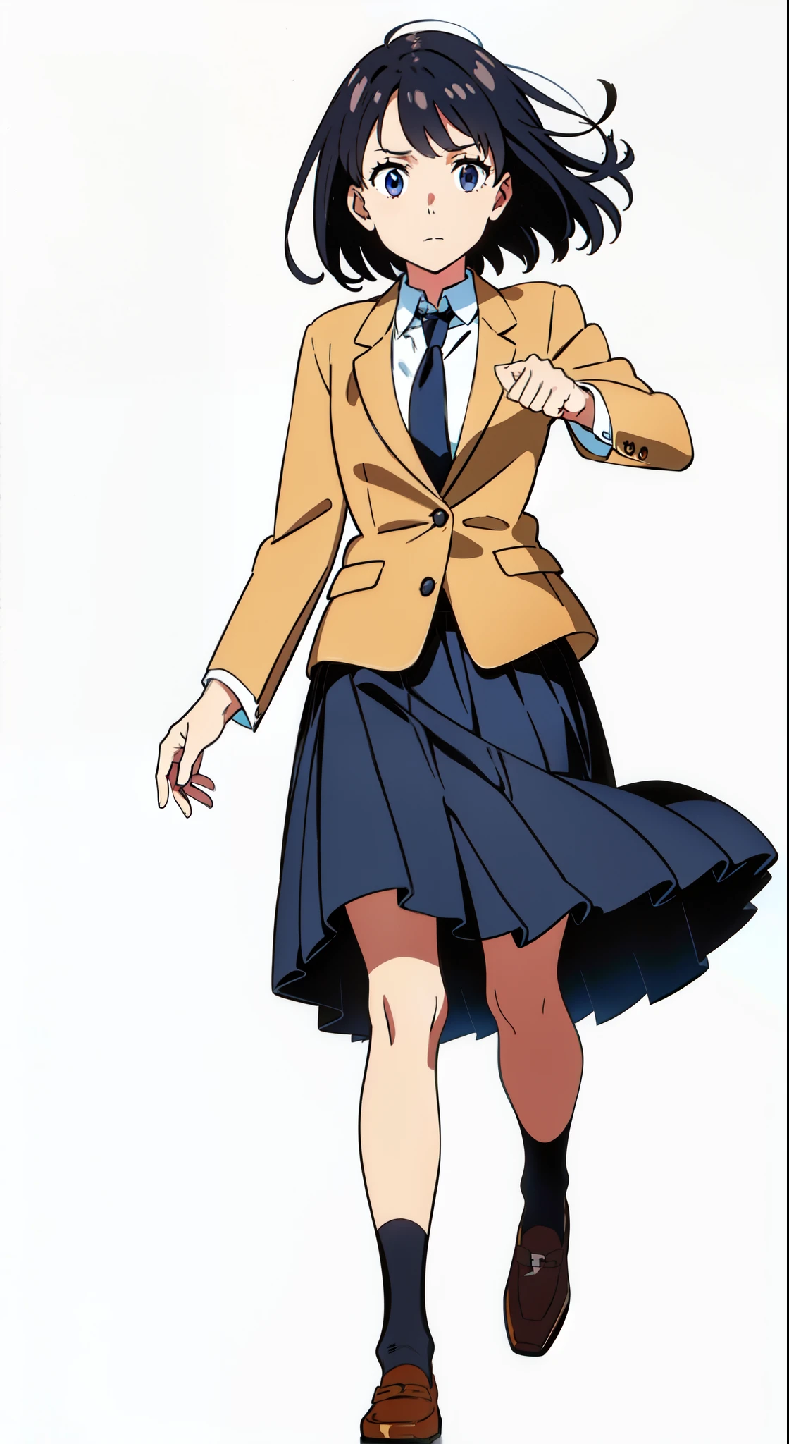 (dynamic pose:1.4), (wind:1.2), (white background:1.1), (best quality:1.1), (masterpiece:1.1), (full body:1.0), (solo:1.0), (a 18yo cute girl:1.0), (long skirt:1.1), (dark blue skirt:1.0), (pleated skirt:1.0), (school uniform beige blazer:1.0), (dark blue necktie:1.0), (black socks:1.0), (loafers:1.0), (lanky:1.1), (tall:1.1), (slender:1.1), (small breasts:1.1), (detailed beautiful eyes:1.0), (detailed beautiful face:1.0), (glowing black eyes:1.0), (short hair:1.0), (strait hair:1.0), (black hair:1.0)