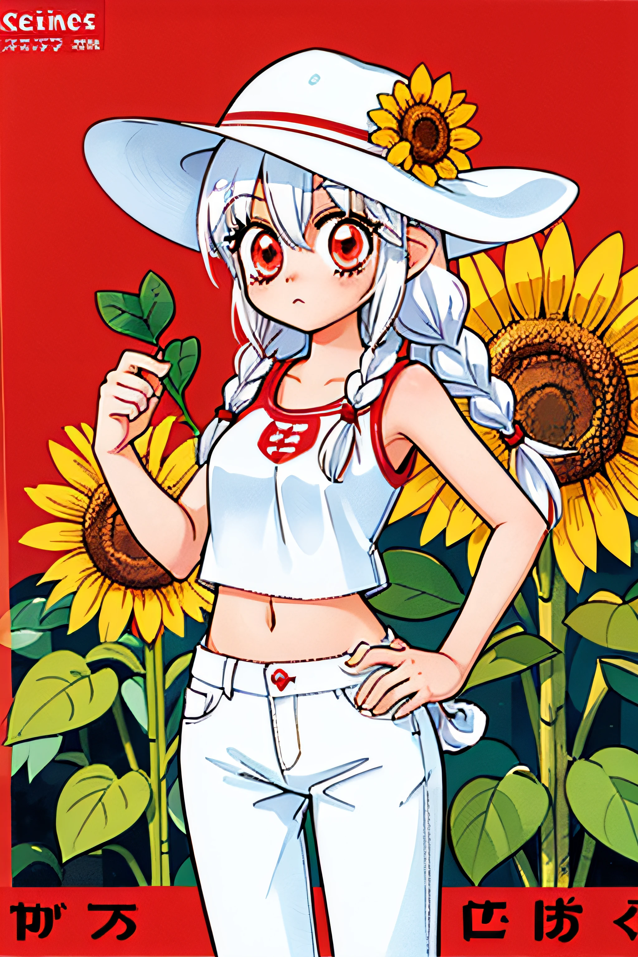 (White hair, red eyes, long braids, white fox ears, small breast), denim pants, crop top, Panama hat, farm outfit, sunflower