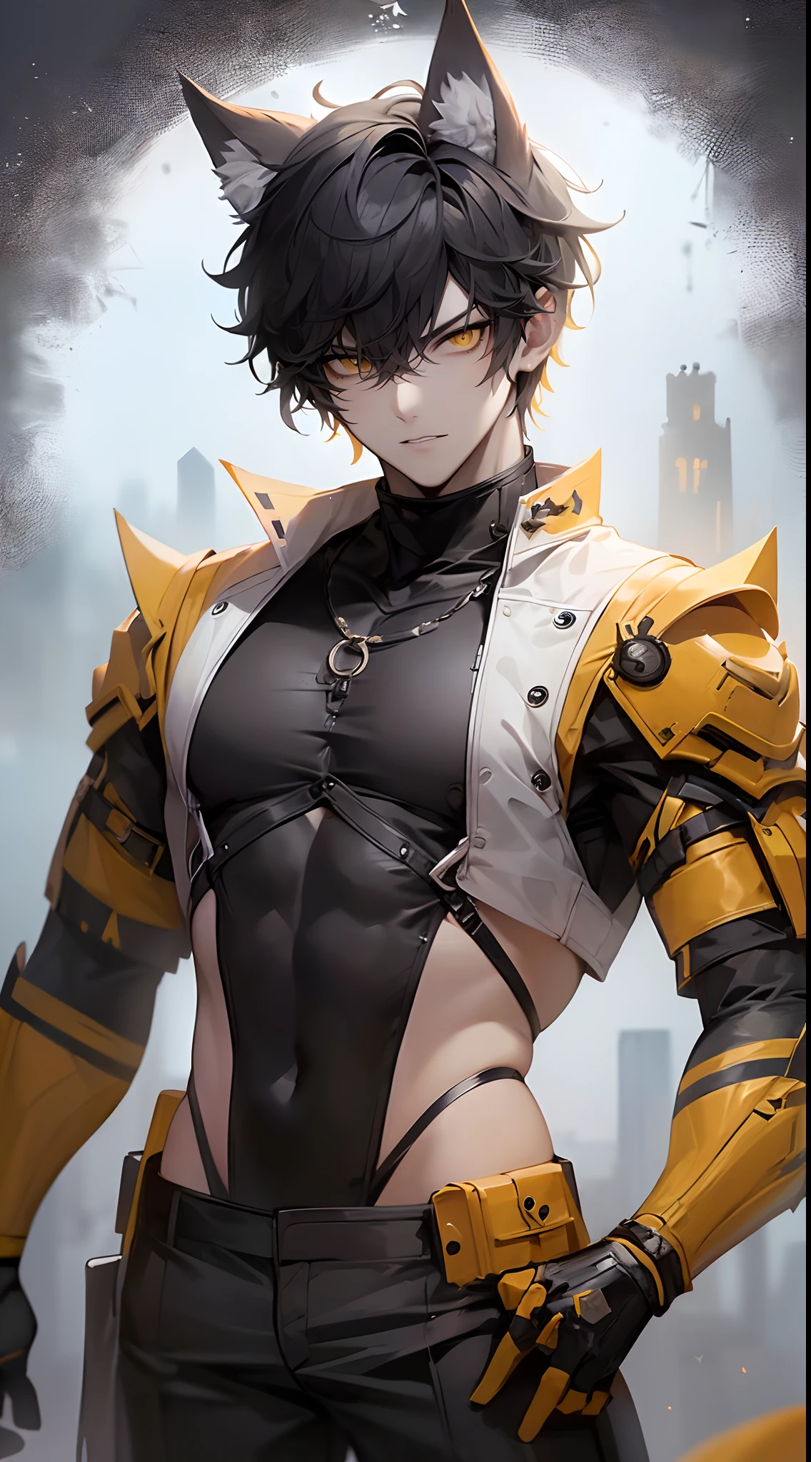 (4K works))、​masterpiece、(top-quality)、((Full moon on black background))、Korean Male、Adult male、((Adult 26 years old))、((Adult older brother))、((werewolf man))、((The Man with Wolf Ears))、((Face similar to Hyun Jin))、Cool Men、tall、((Glaring expression))、((Strong eyes))、((Black cool werewolf fashion))、((Long sleeve long trouser style))、((smaller face))、Slim body、((hooligan))、((Black short-haired))、((Yellow eyes))、((shot from front))、((Shot alone))、((Solo Photography))、Professional Photos、((Focus zoom in))、((Upper body photography))、((Face enhancement))、Wolf's Pose、((Halloween Photos))、Horror Pictures
