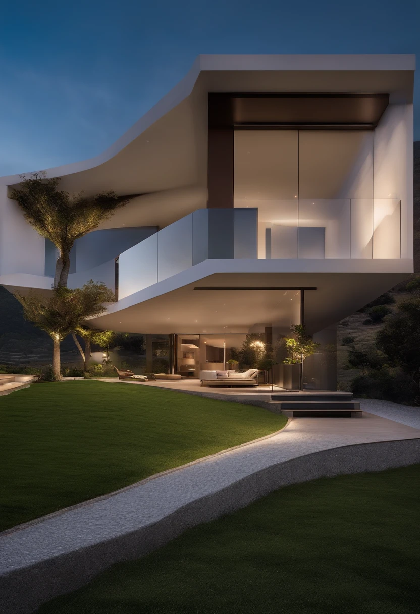 A home with a sense of futuristic technology,Edificio de 2 plantas,Facing the Mountains,Frente al lago,Small Pool,Modern Architectural Style, Foto hiperdetallada,Buliding,intrincado,Sombreado, HighDynamicRange,dynamic lighting, fotorrealista, Luz natural suave, H bajo, tmasterpiece, 8K detallado,There are a lot of details,Oversized floor-to-ceiling glass,A combination of technology and natural environment,It looks super cool,